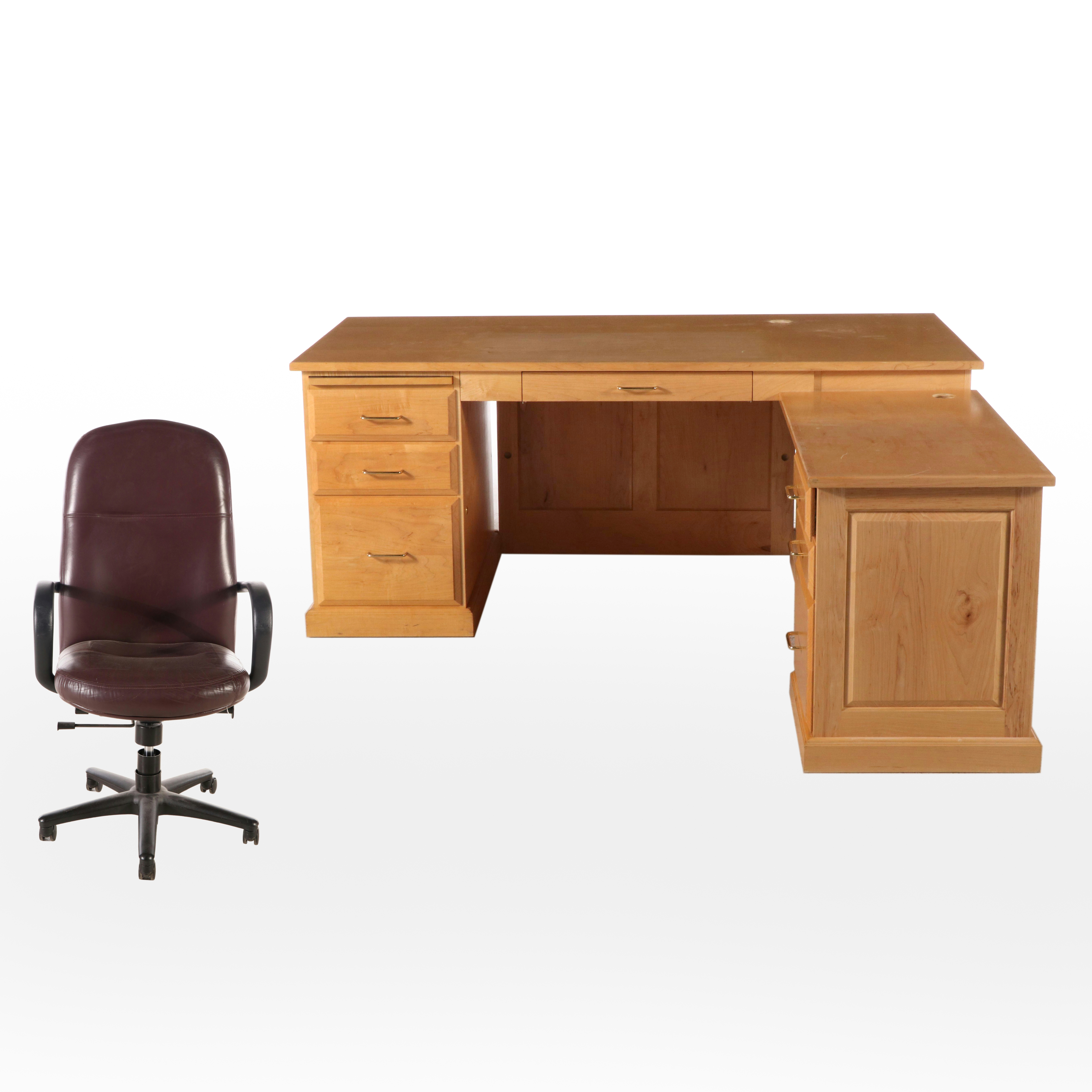 Traditional Style L-Shaped Desk with Faux Leather Office Chair