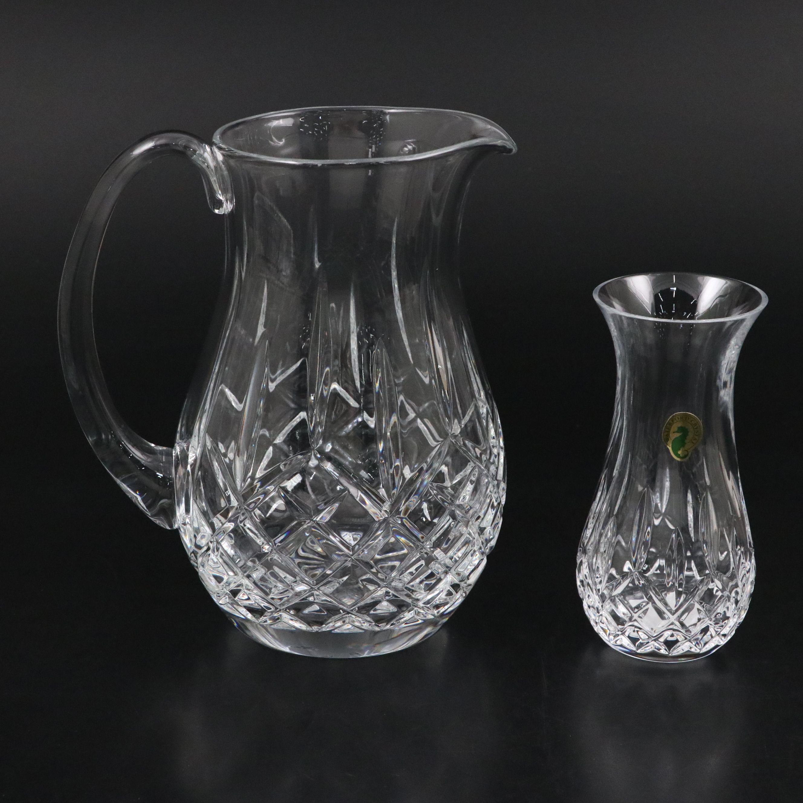 Waterford "Lismore" Crystal Pitcher, Bud Vase, Bridal Knife, and Divided Dish
