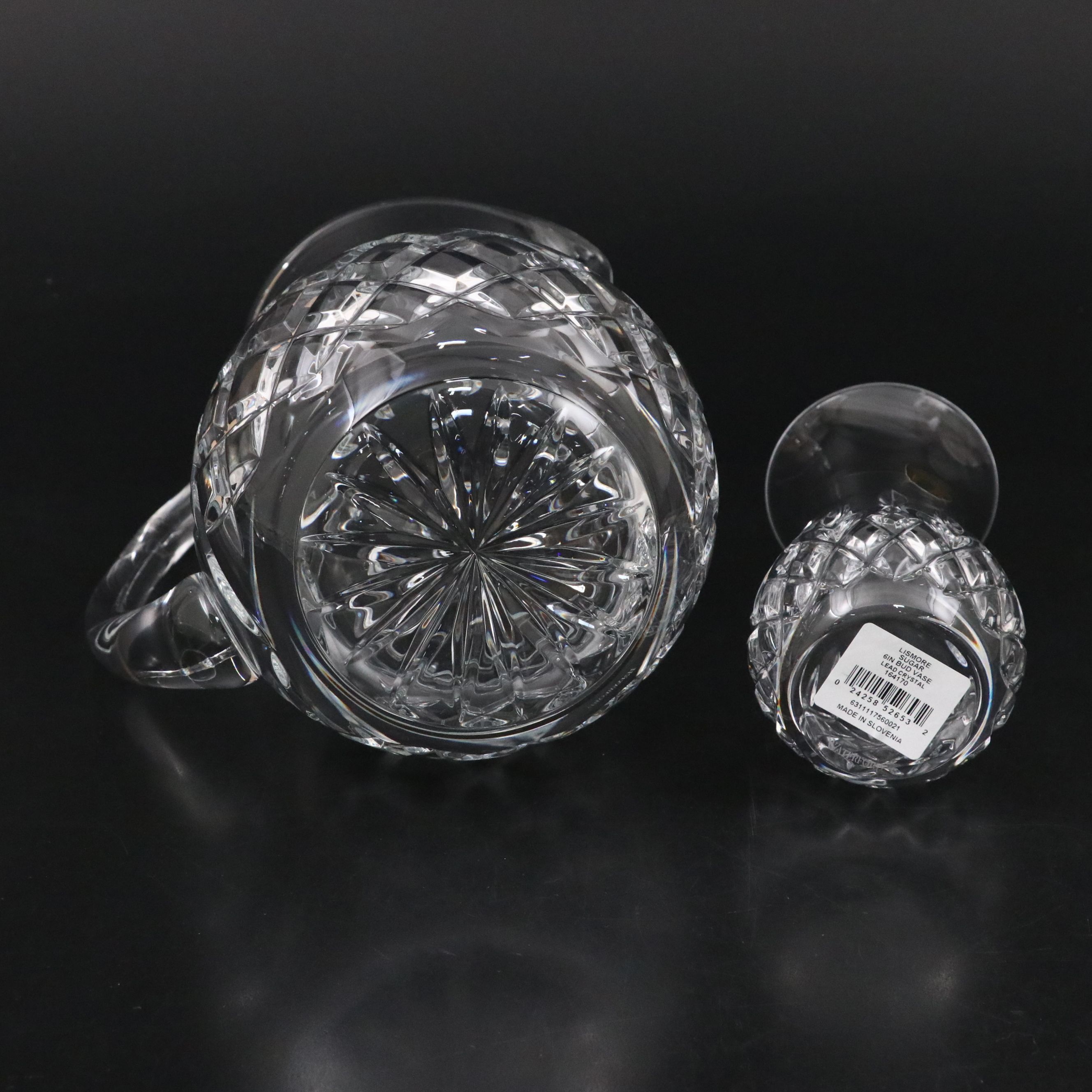 Waterford "Lismore" Crystal Pitcher, Bud Vase, Bridal Knife, and Divided Dish