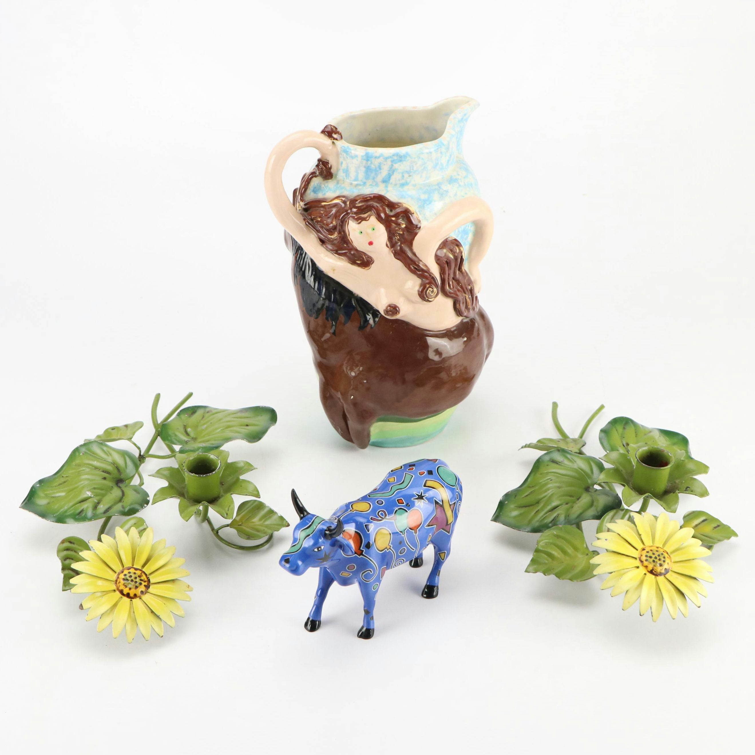 Lady Godiva on Horse Ceramic Vase, Italian Toleware Candlesticks, with Party Cow