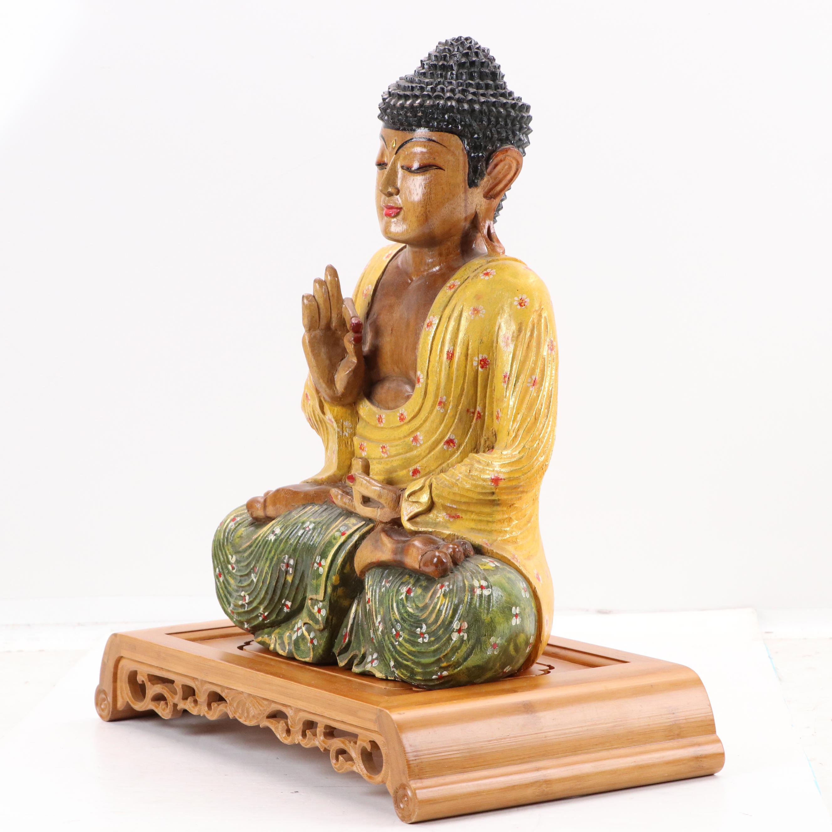 Southeast Asian Style Carved Polychrome Buddha on Stand