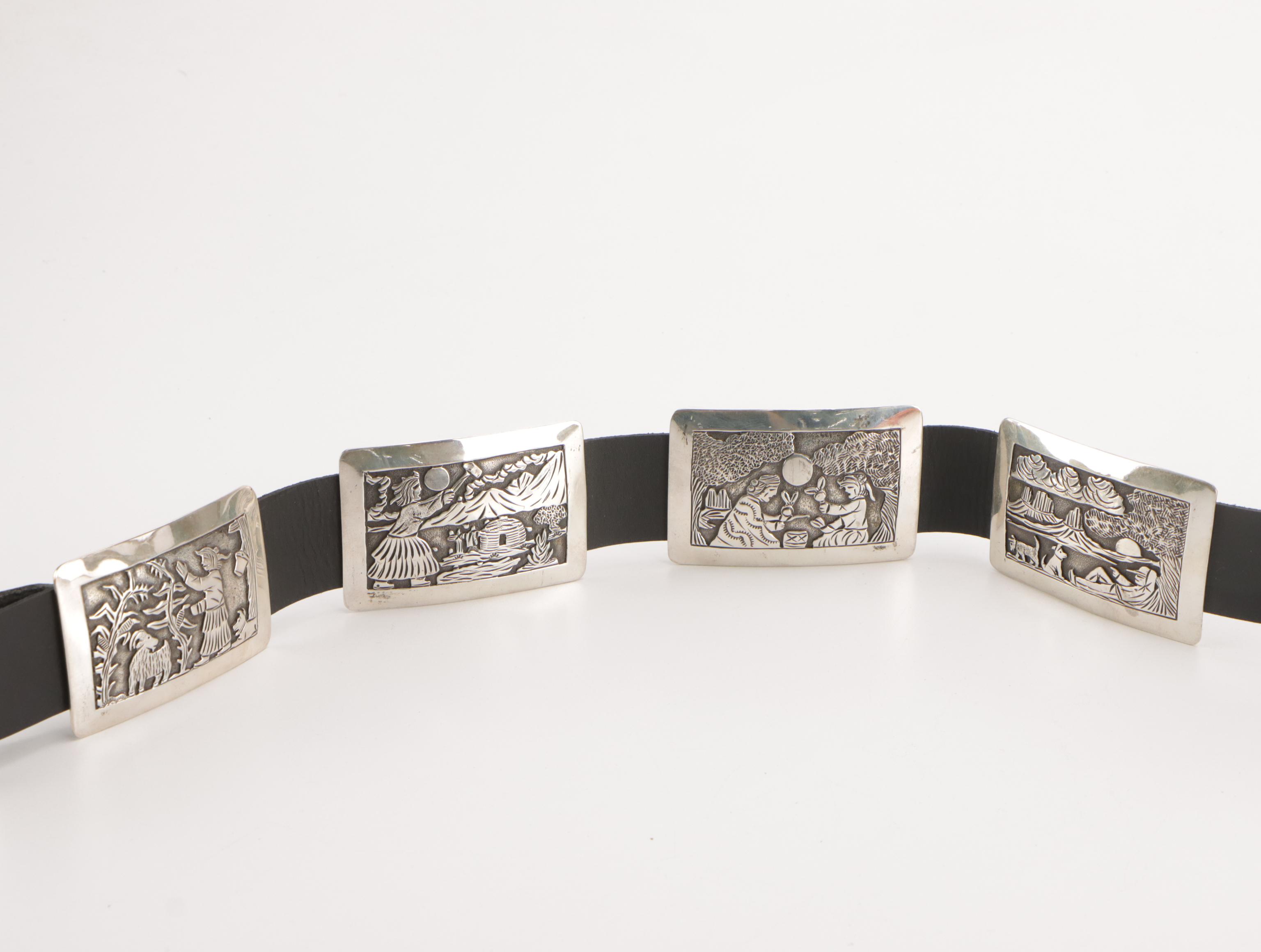 Lloyd Becenti Navajo Storyteller Sterling Silver and Leather Concho Link Belt