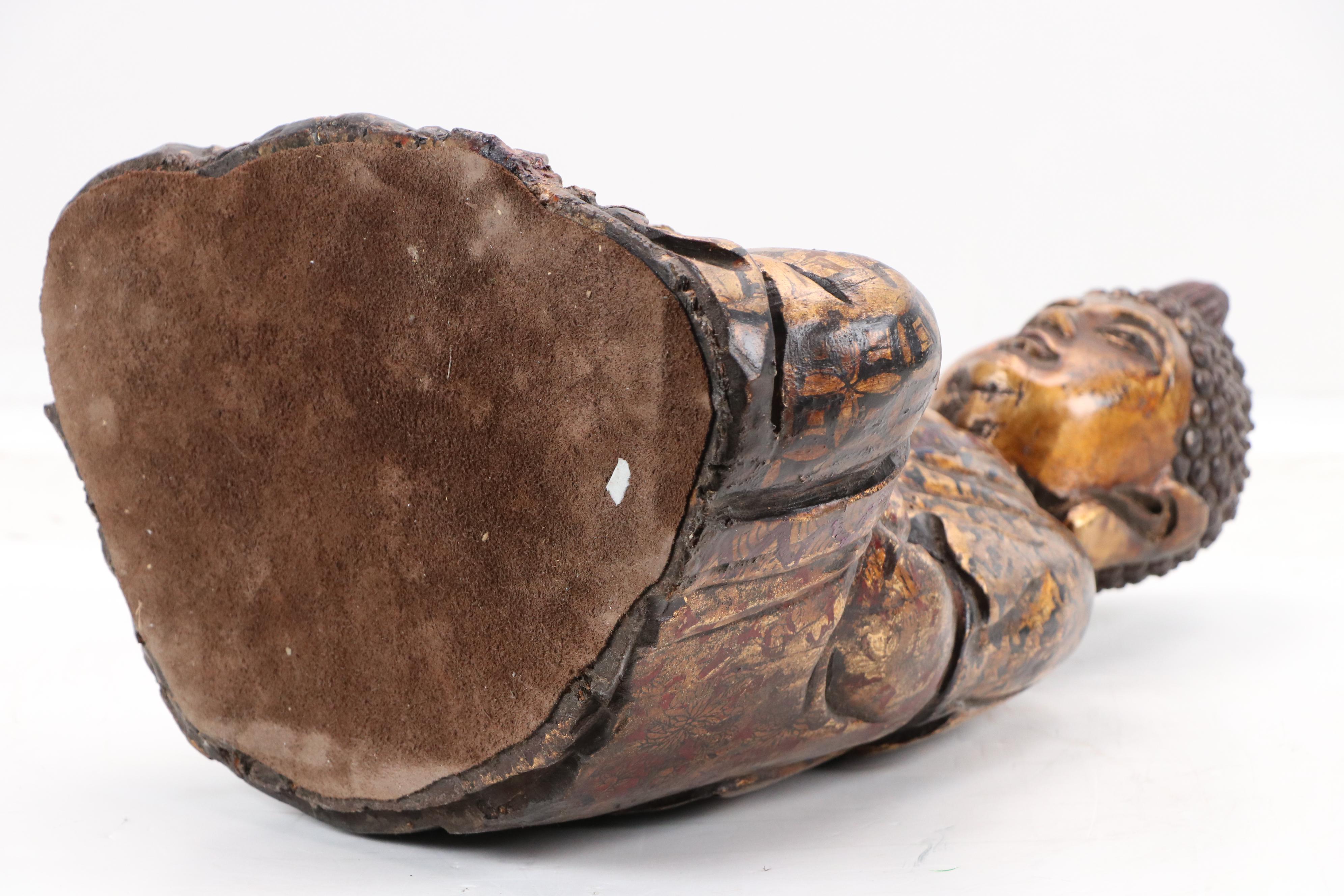 Hand-Painted and Gilt Carved Wood Buddha with Stand