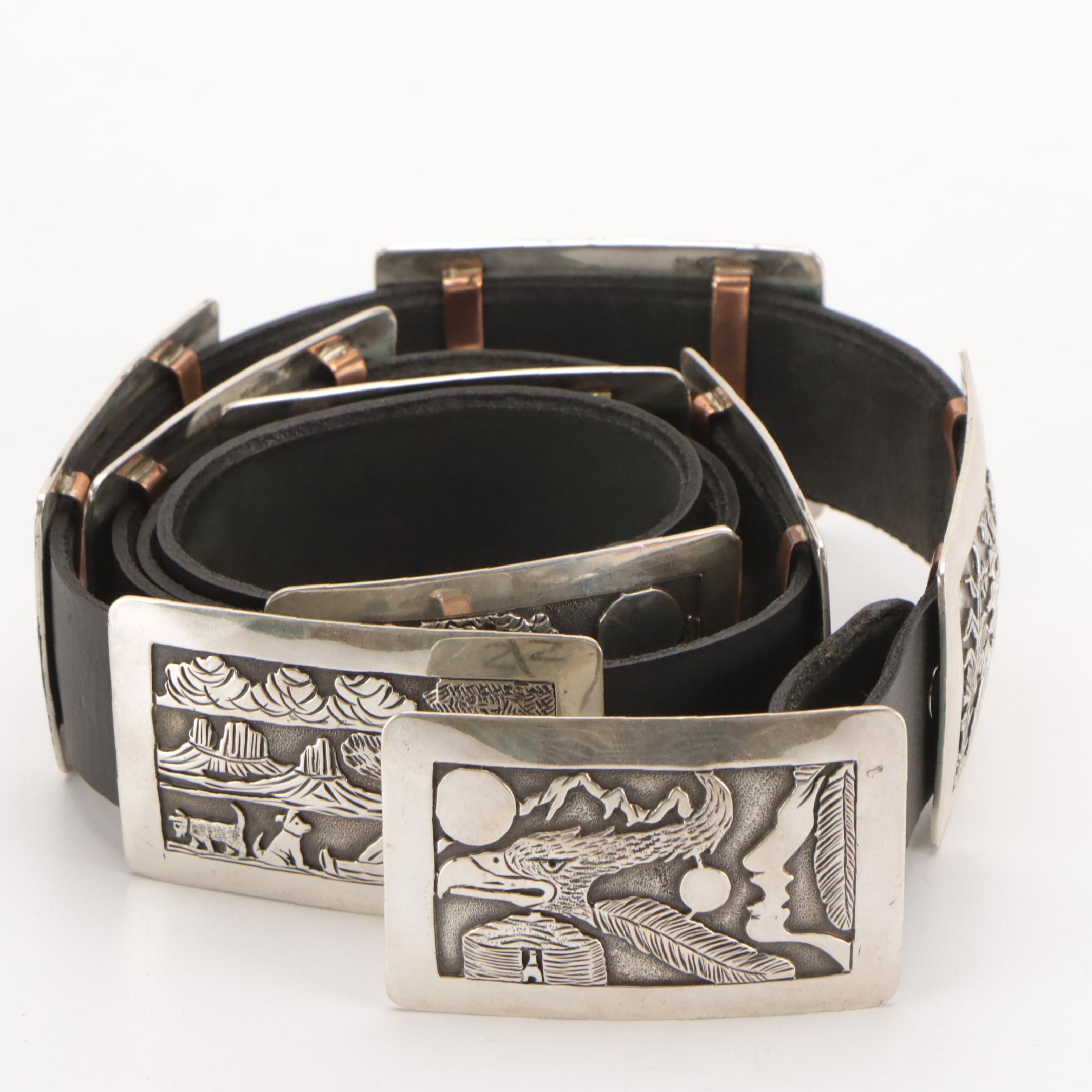Lloyd Becenti Navajo Storyteller Sterling Silver and Leather Concho Link Belt