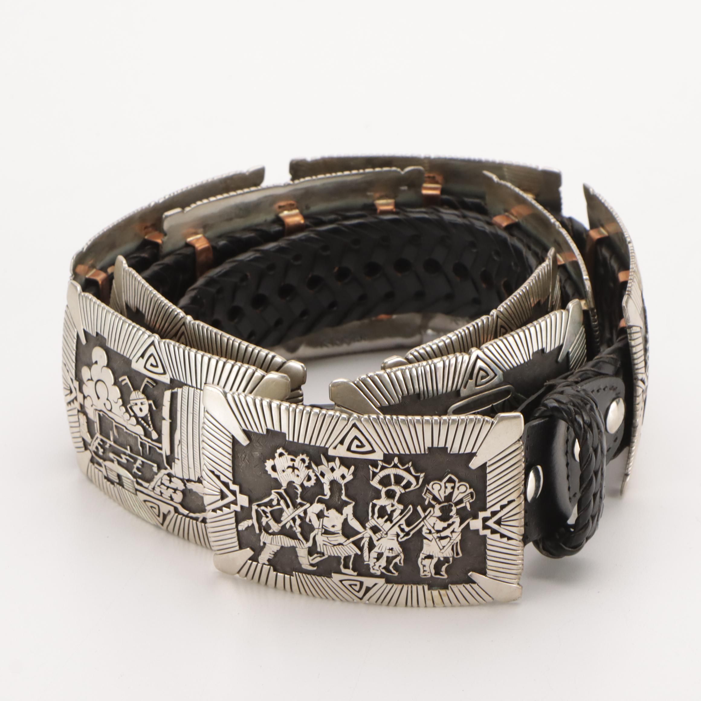 Calvin Peterson Carved Sterling Silver and Braided Leather Belt