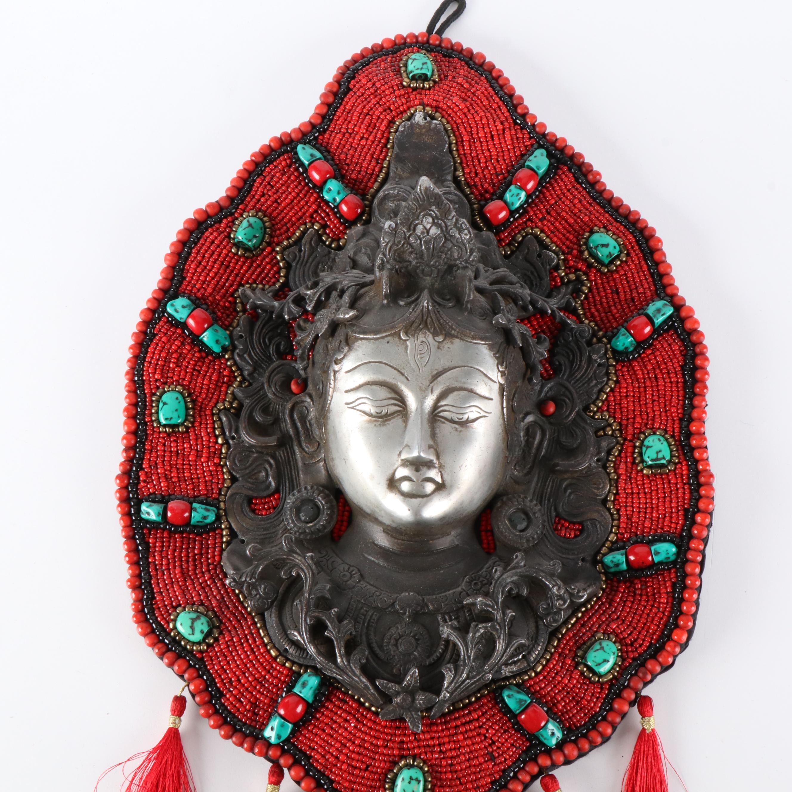 Tibetan Faux Turquoise and Glass Beaded Tara Guanyin Wall Hanging