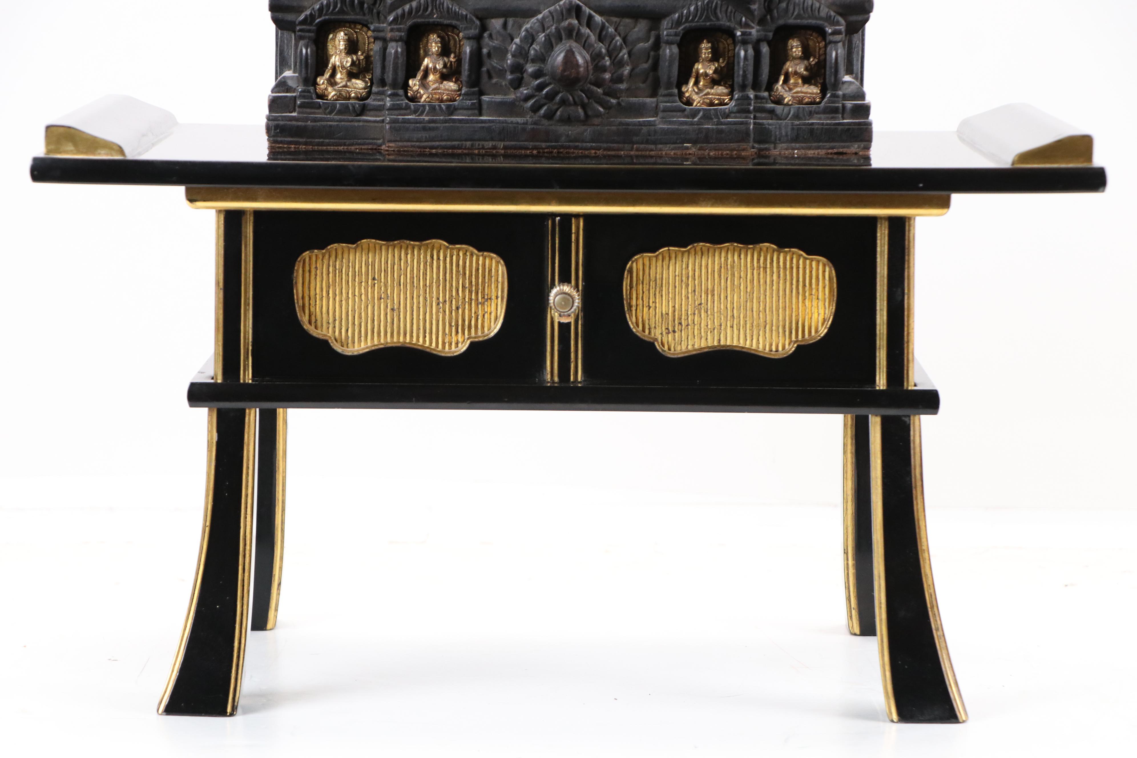 Tibetan Carved Wood and Metal Guru Rinpoche Statue with Lacquerware Stand