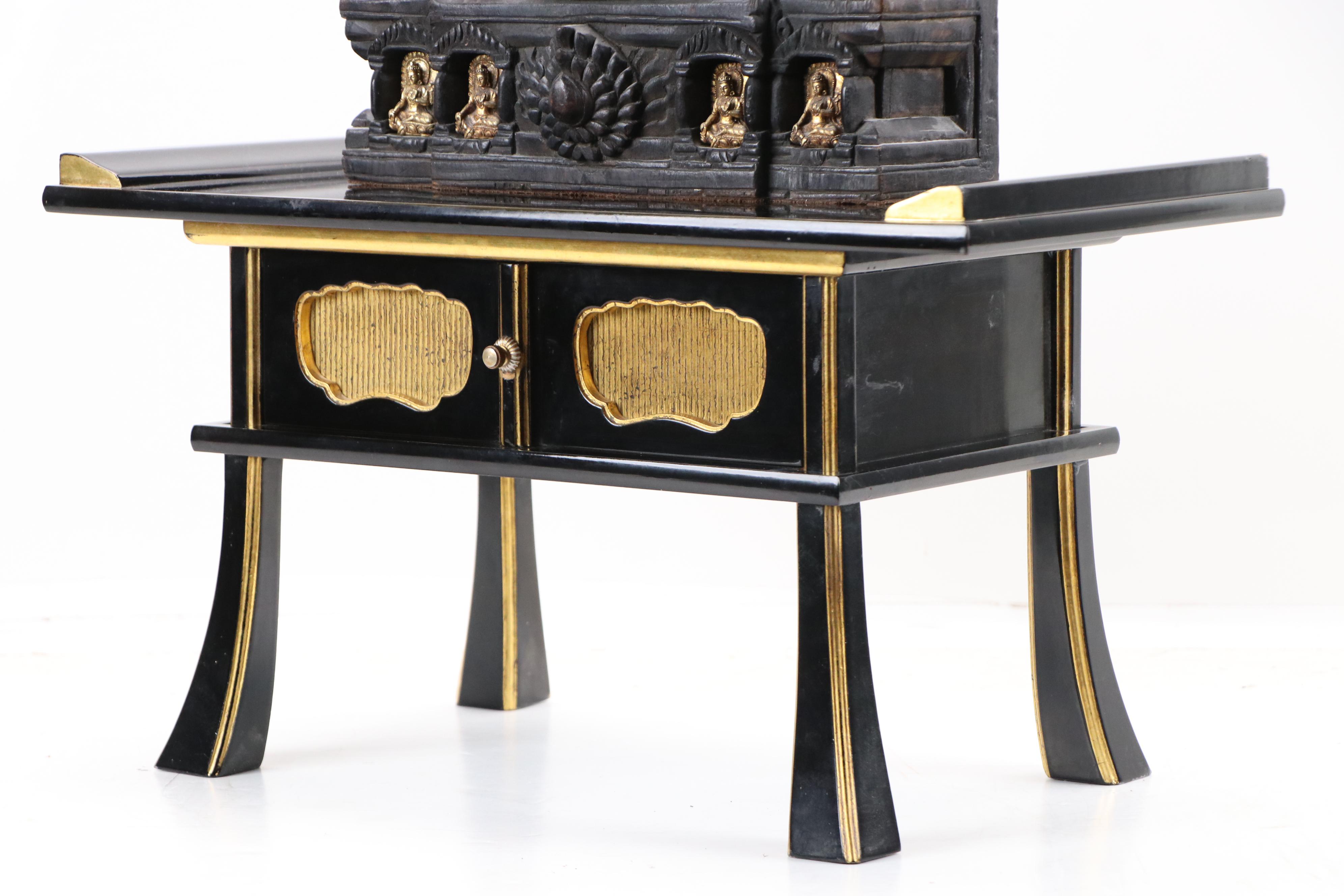 Tibetan Carved Wood and Metal Guru Rinpoche Statue with Lacquerware Stand