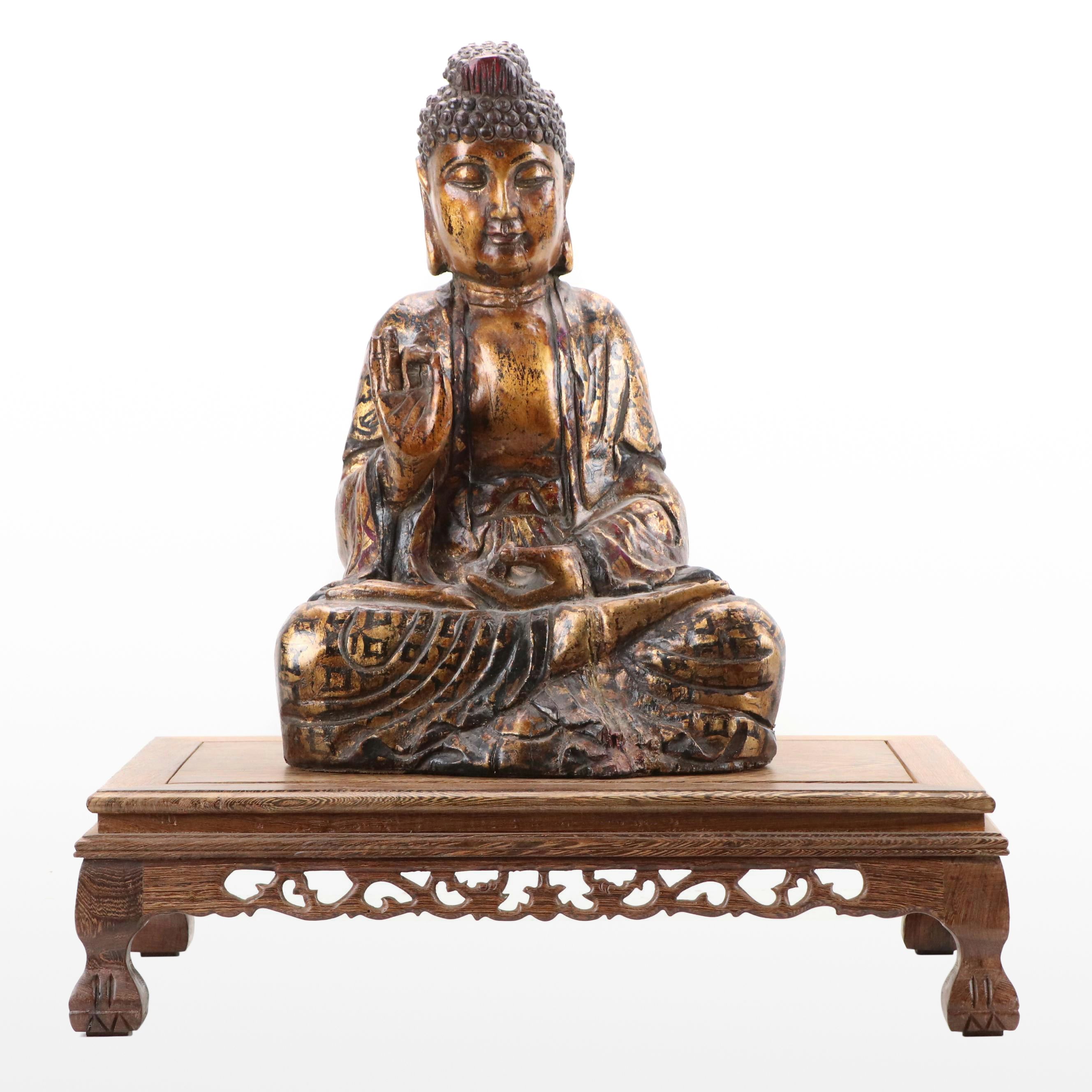Hand-Painted and Gilt Carved Wood Buddha with Stand