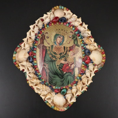 Icon of Madonna Schiavona and Jesus with Lacquered Seashell Border Frame Icon of Madonna Schiavona and Jesus with Lacquered Seashell Border Frame