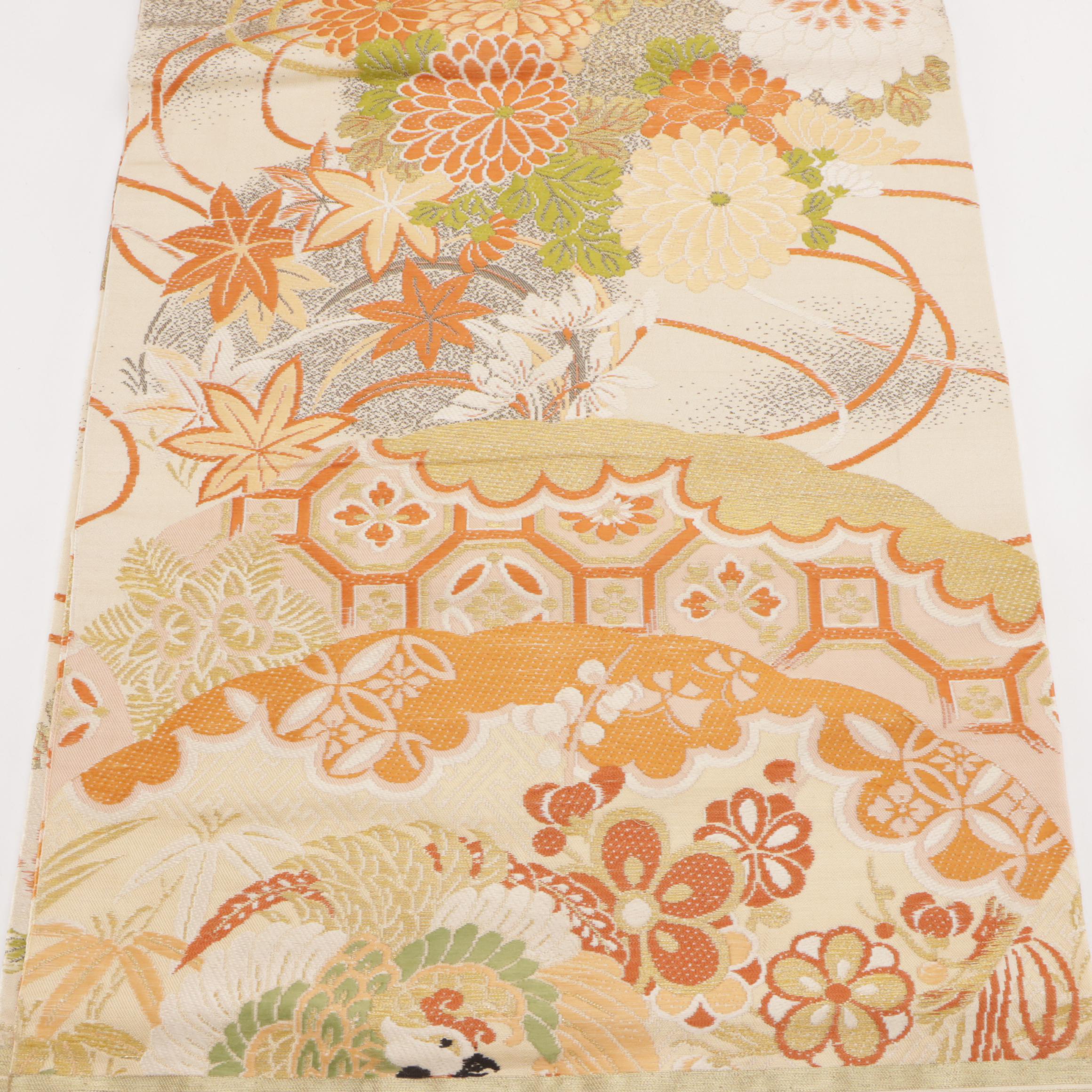 Japanese Maru Obi in Floral, Maple Leaf and Other Embroidered Silk