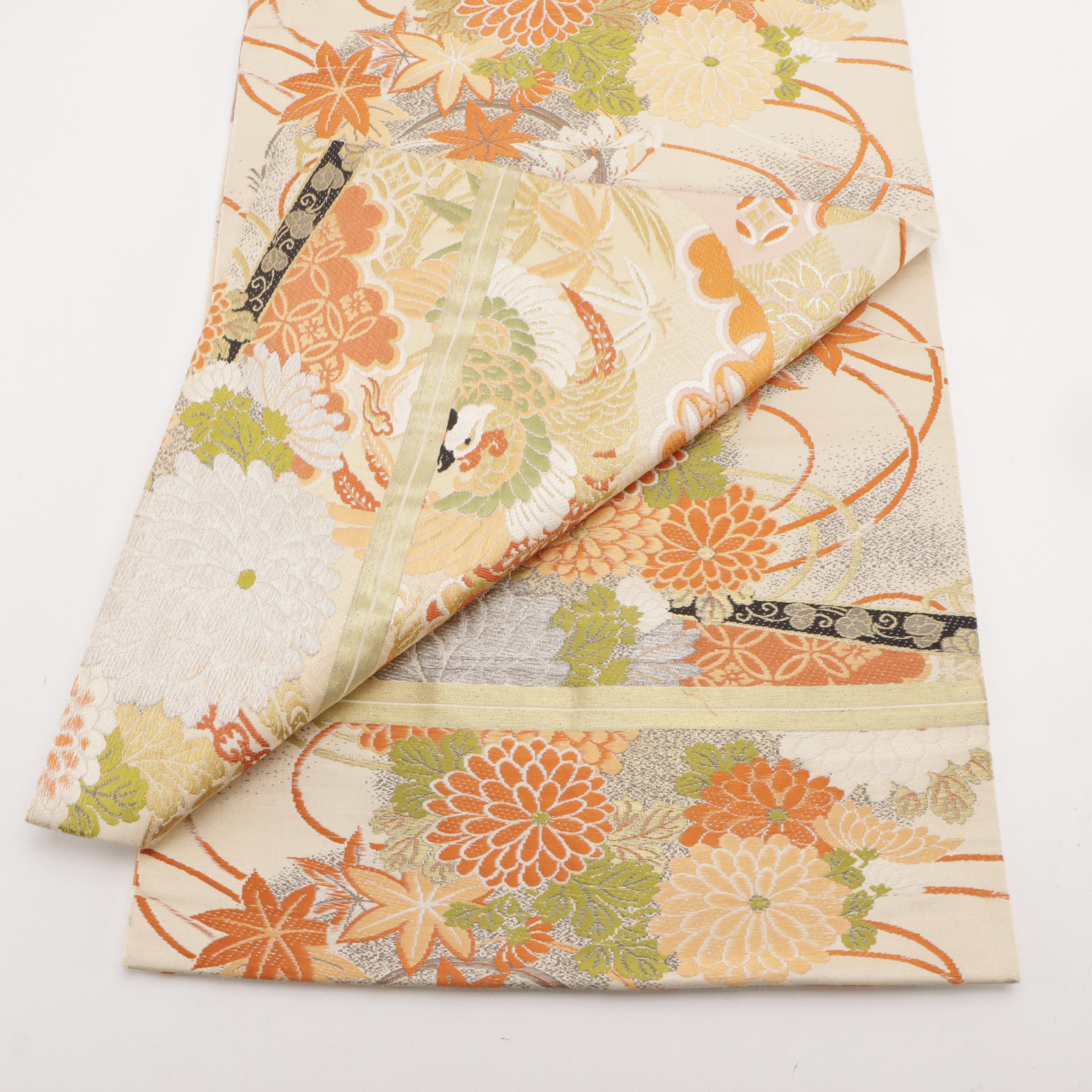 Japanese Maru Obi in Floral, Maple Leaf and Other Embroidered Silk