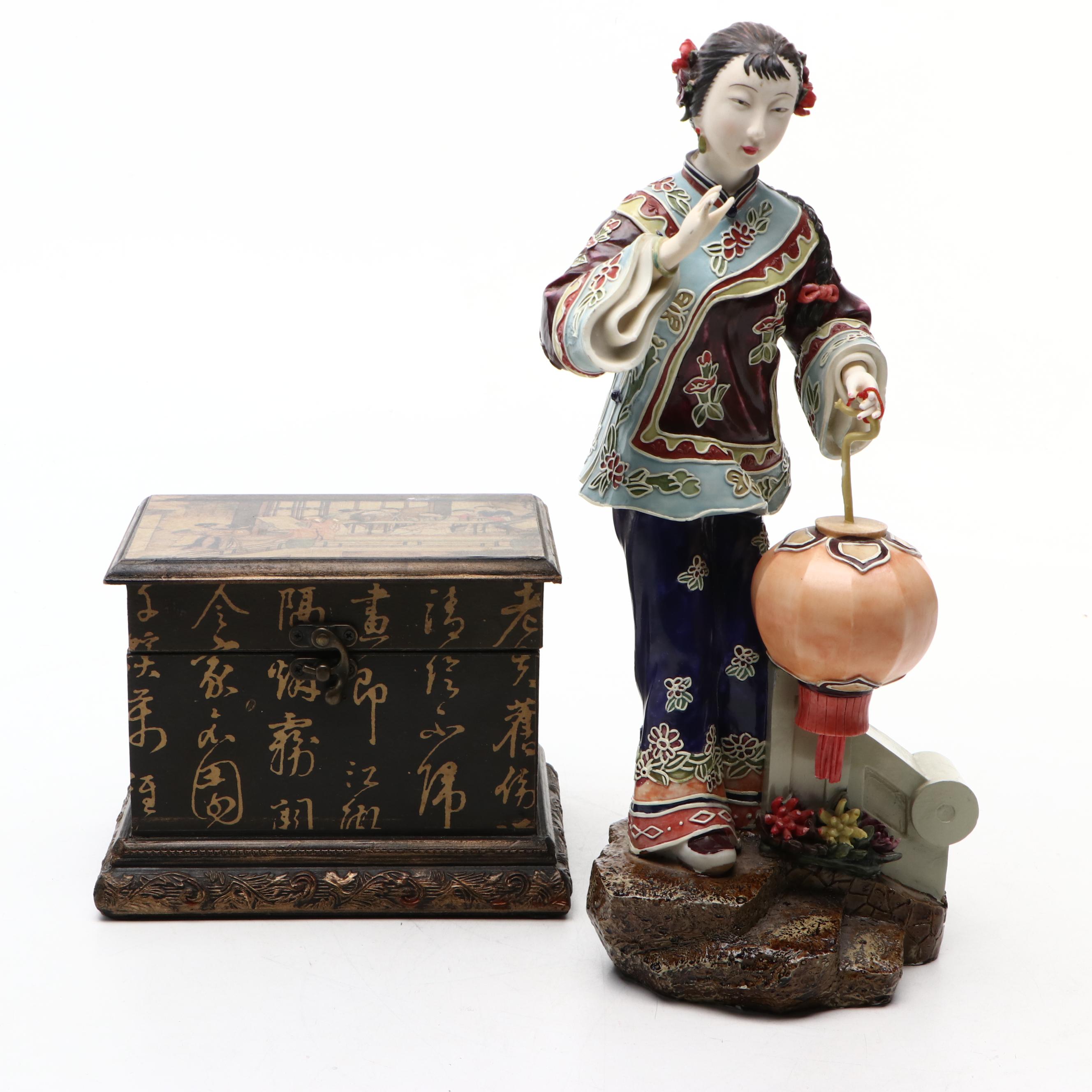 Chinese Famille Rose Style Figurine with Wooden Box