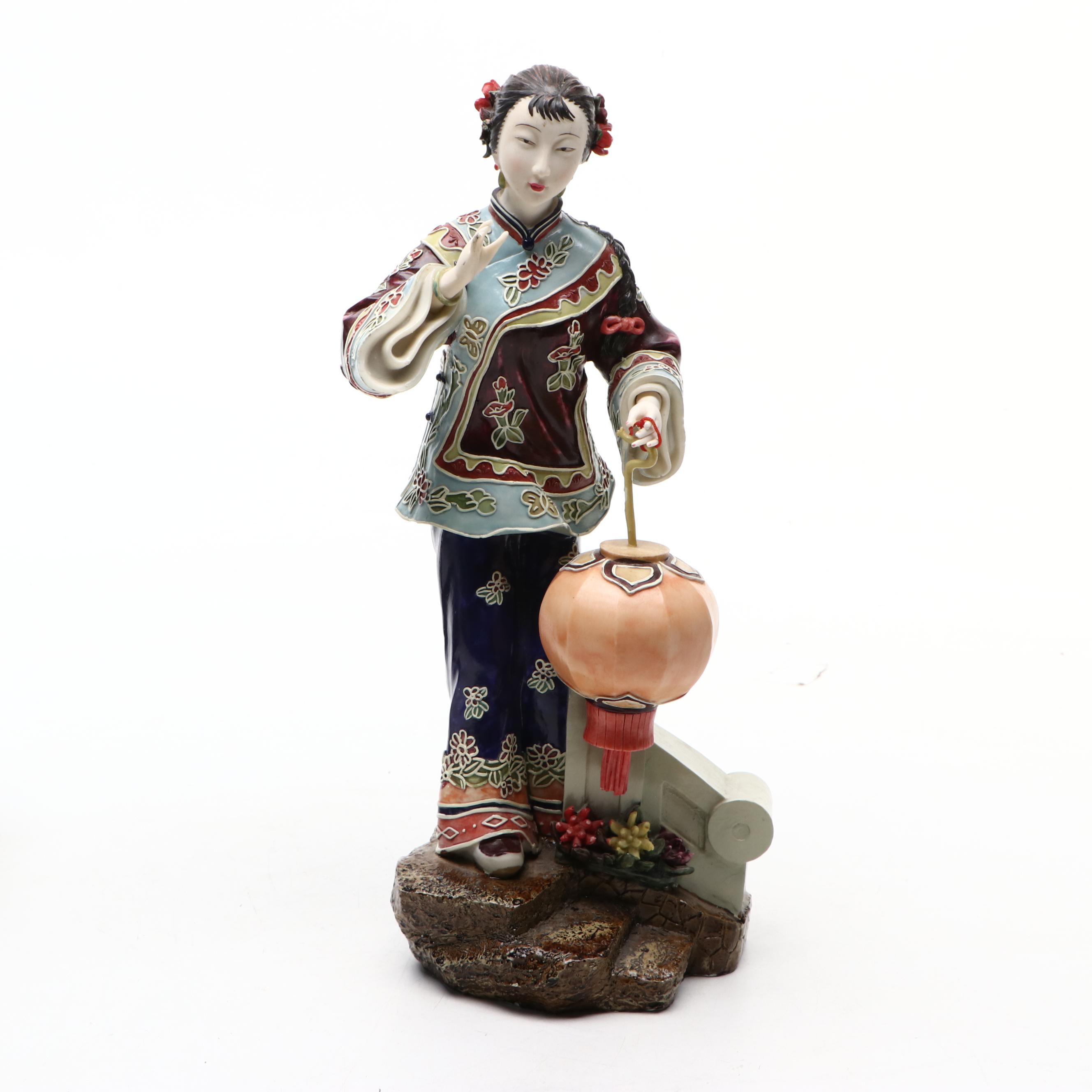 Chinese Famille Rose Style Figurine with Wooden Box