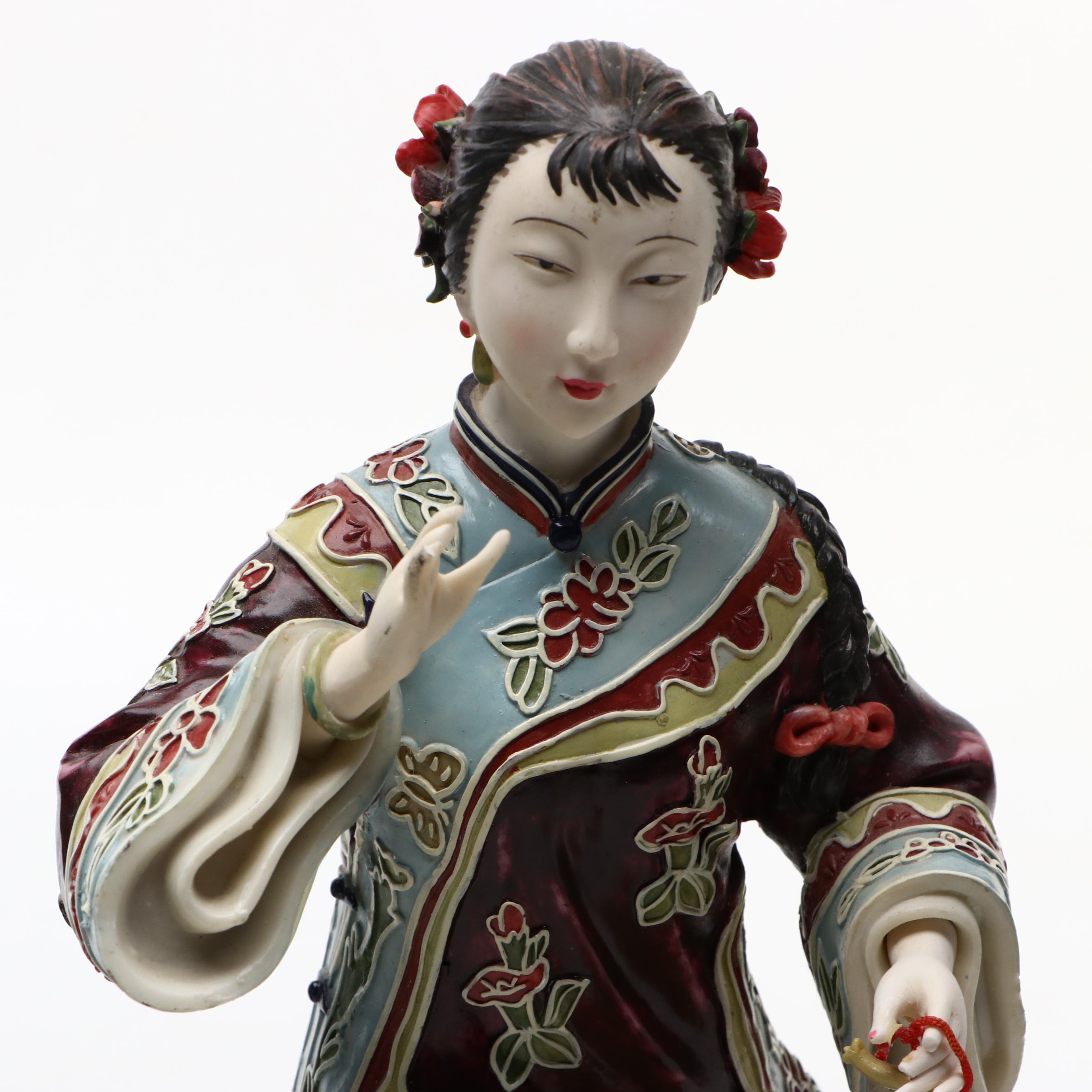 Chinese Famille Rose Style Figurine with Wooden Box