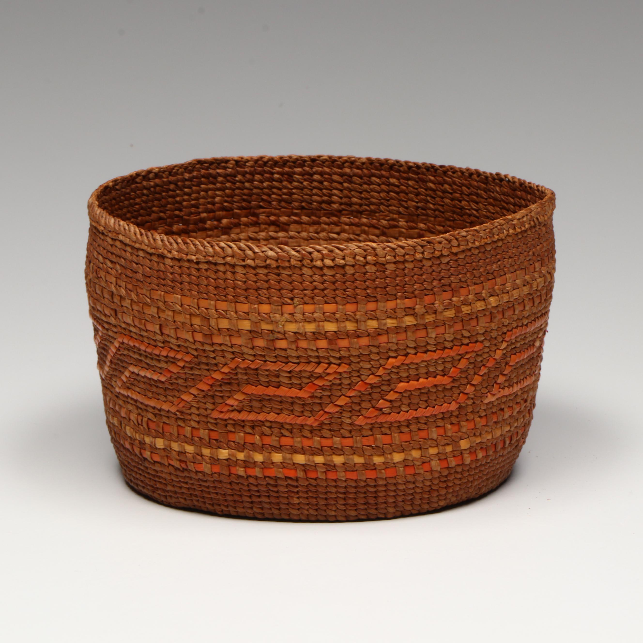 Indigenous Pacific Northwest Coast Polychromed Plaited Cedar Bark Basket