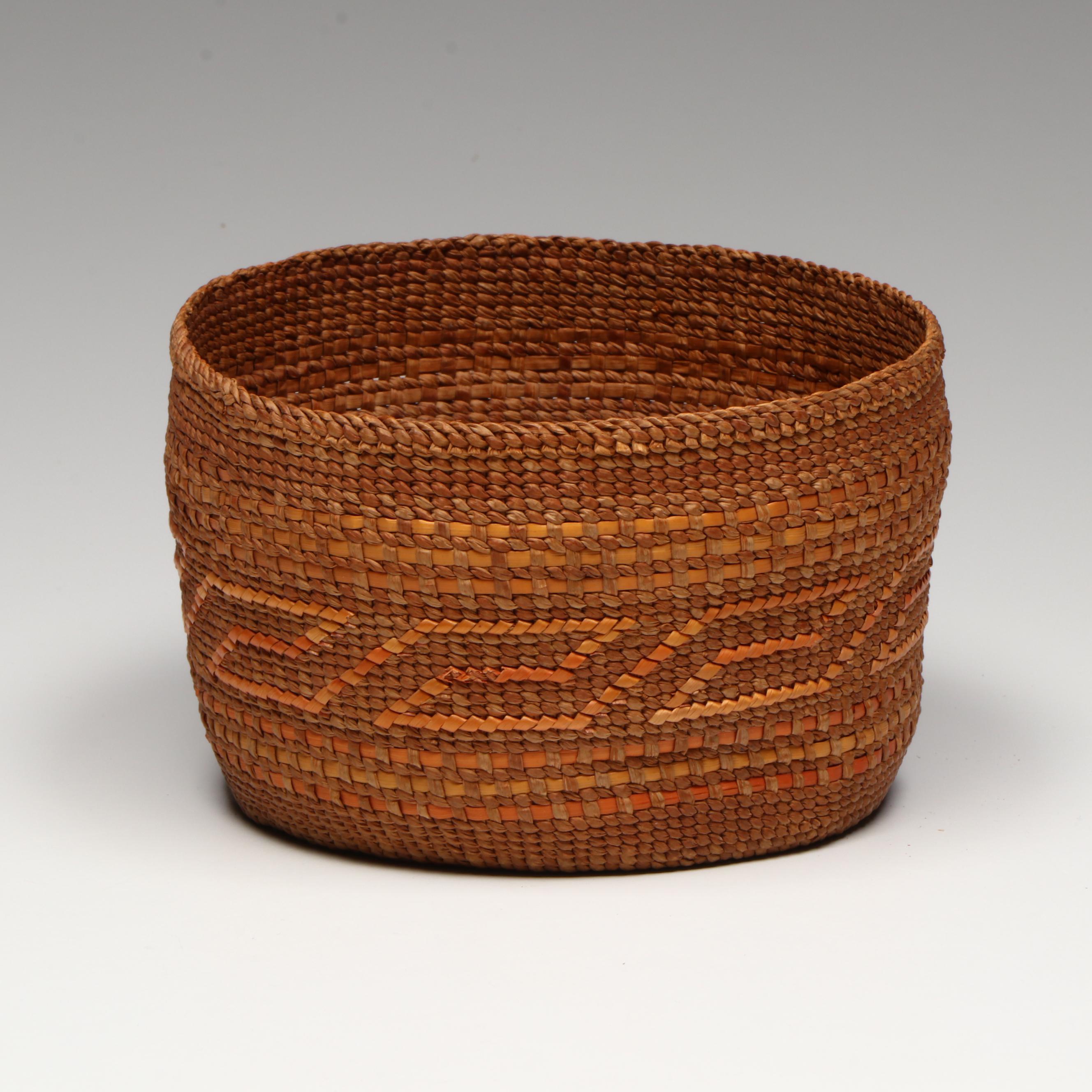 Indigenous Pacific Northwest Coast Polychromed Plaited Cedar Bark Basket
