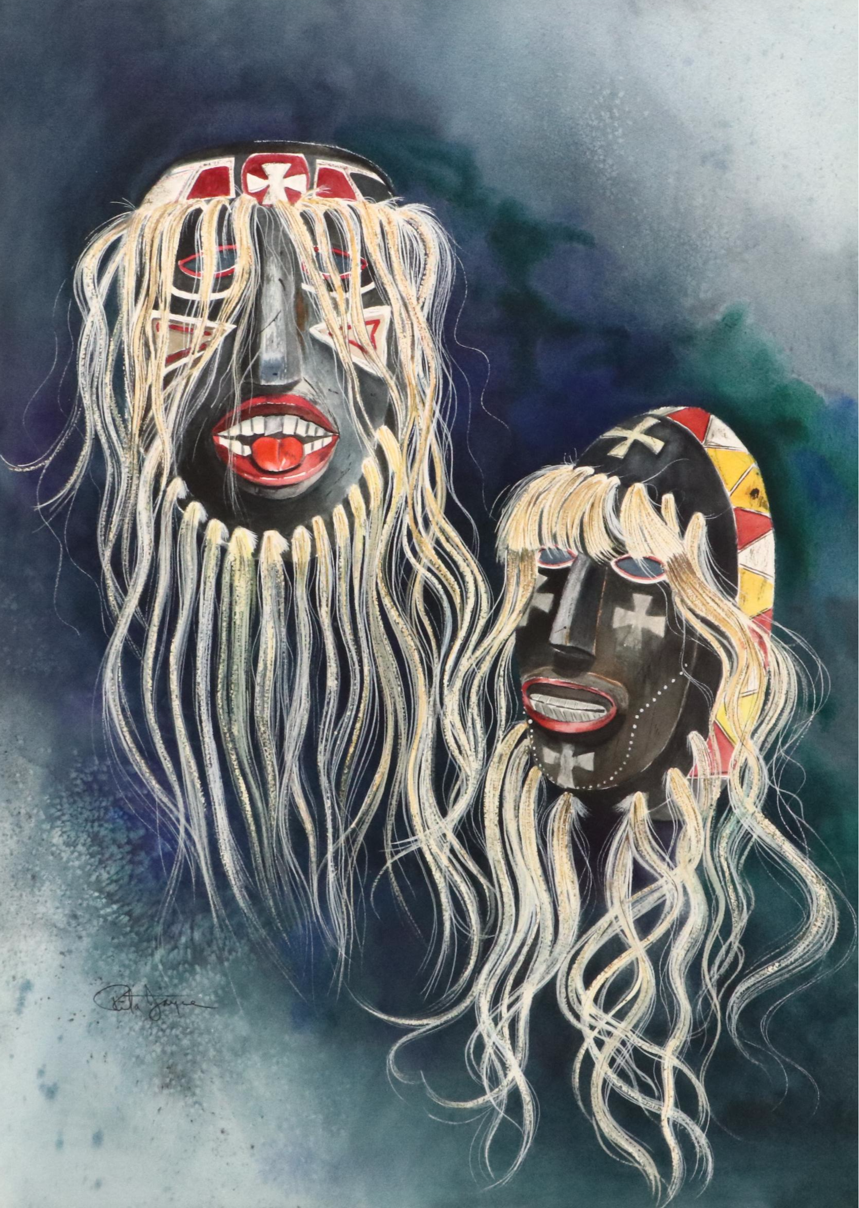 Rita Joyce Watercolor Painting of Two Pascola Masks, Late 20th Century