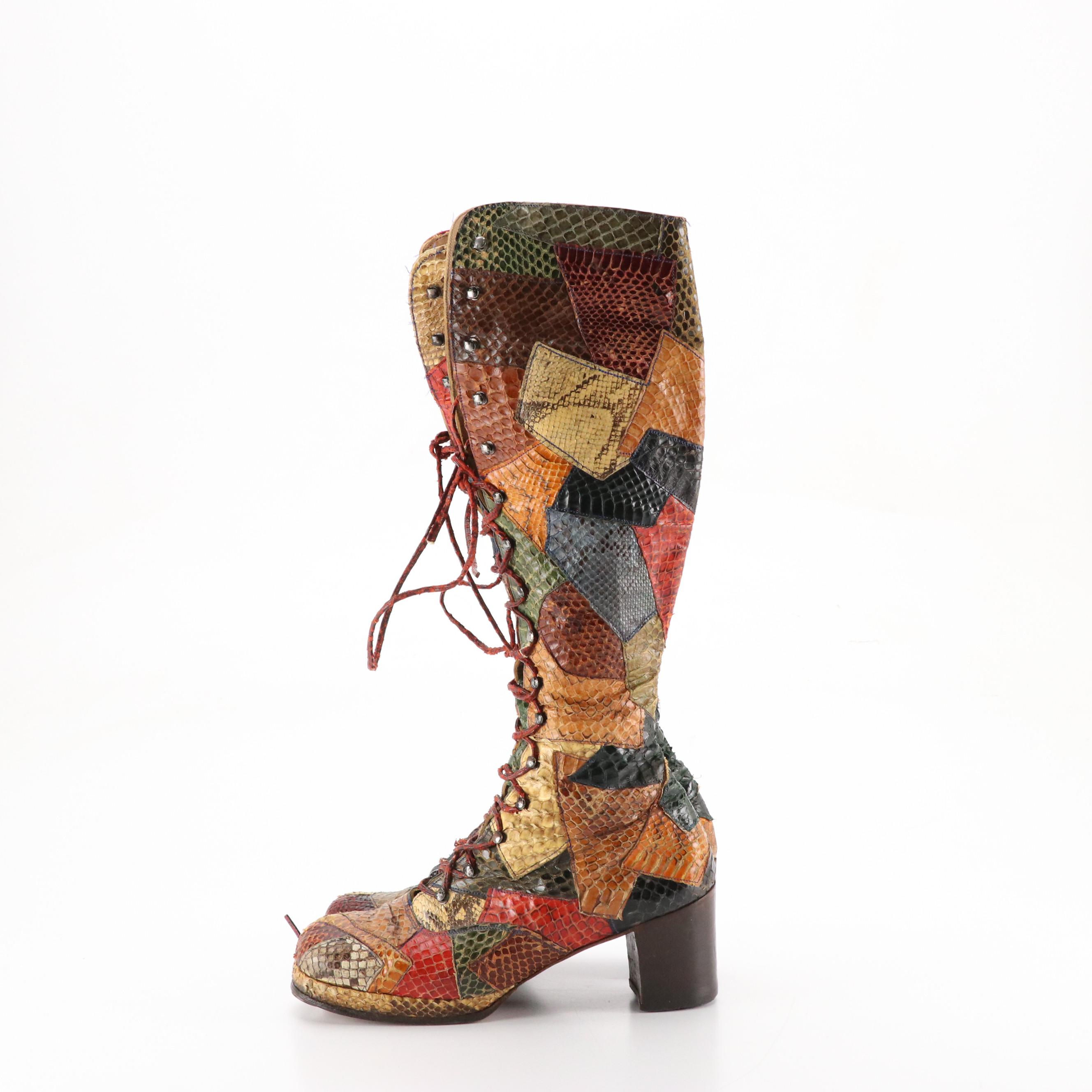 Patchwork Python and Snakeskin Leather Lace-Up Platform Knee-High Boots