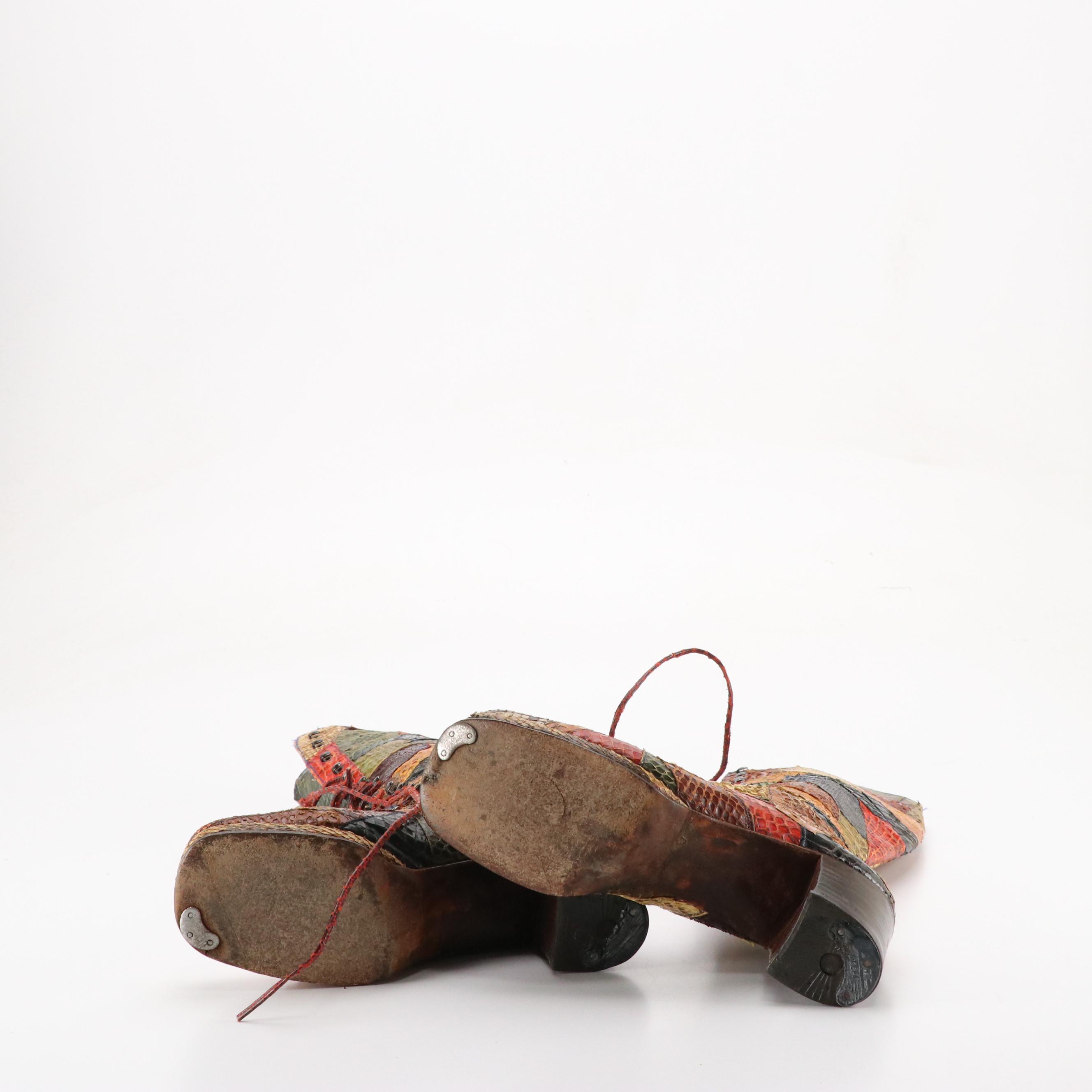 Patchwork Python and Snakeskin Leather Lace-Up Platform Knee-High Boots