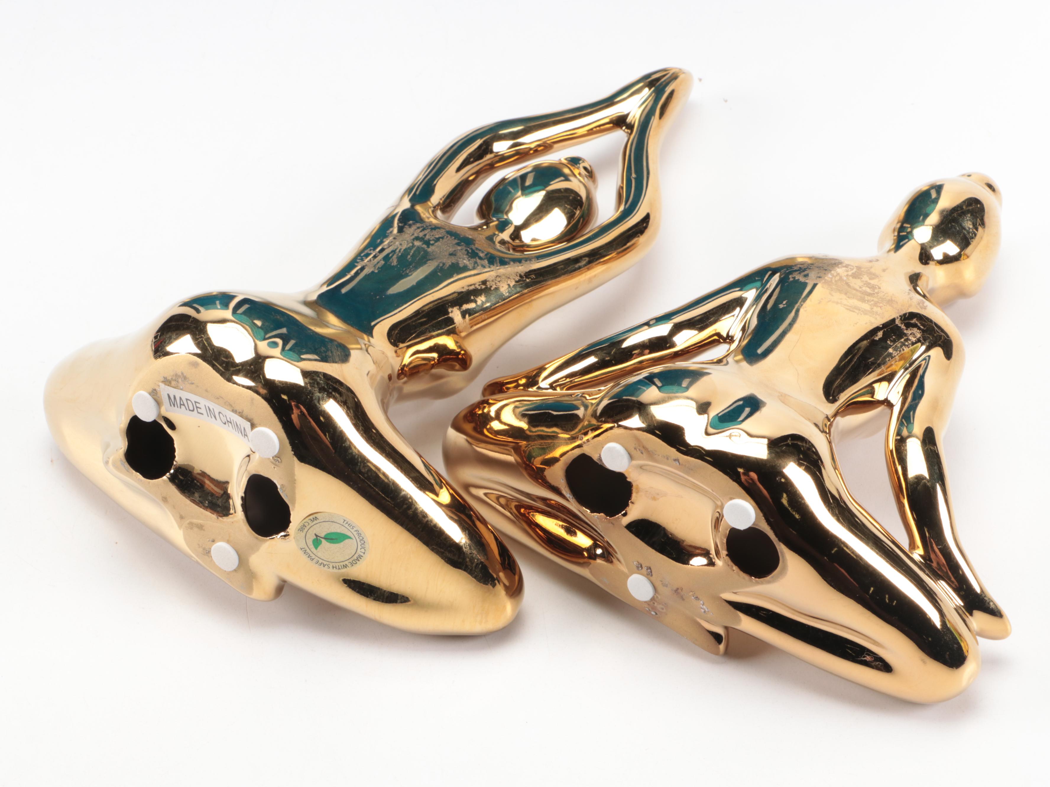 Metallic Base Blue Glass Pillar Candle Holders with Gold Finish Yoga Figures