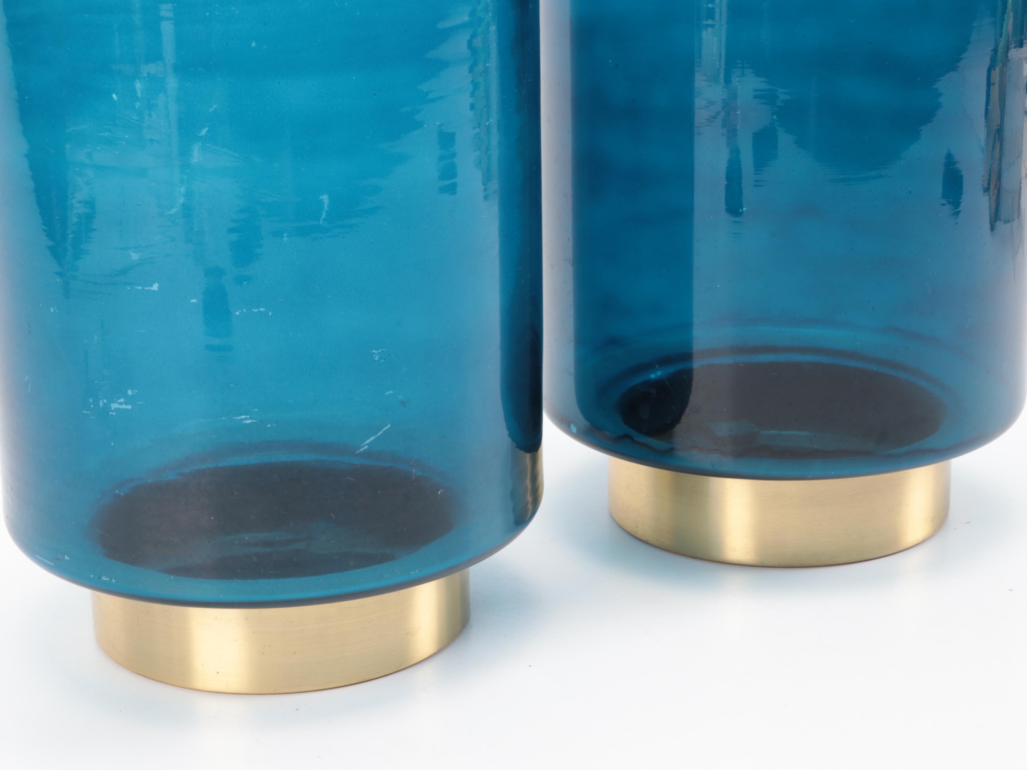 Metallic Base Blue Glass Pillar Candle Holders with Gold Finish Yoga Figures