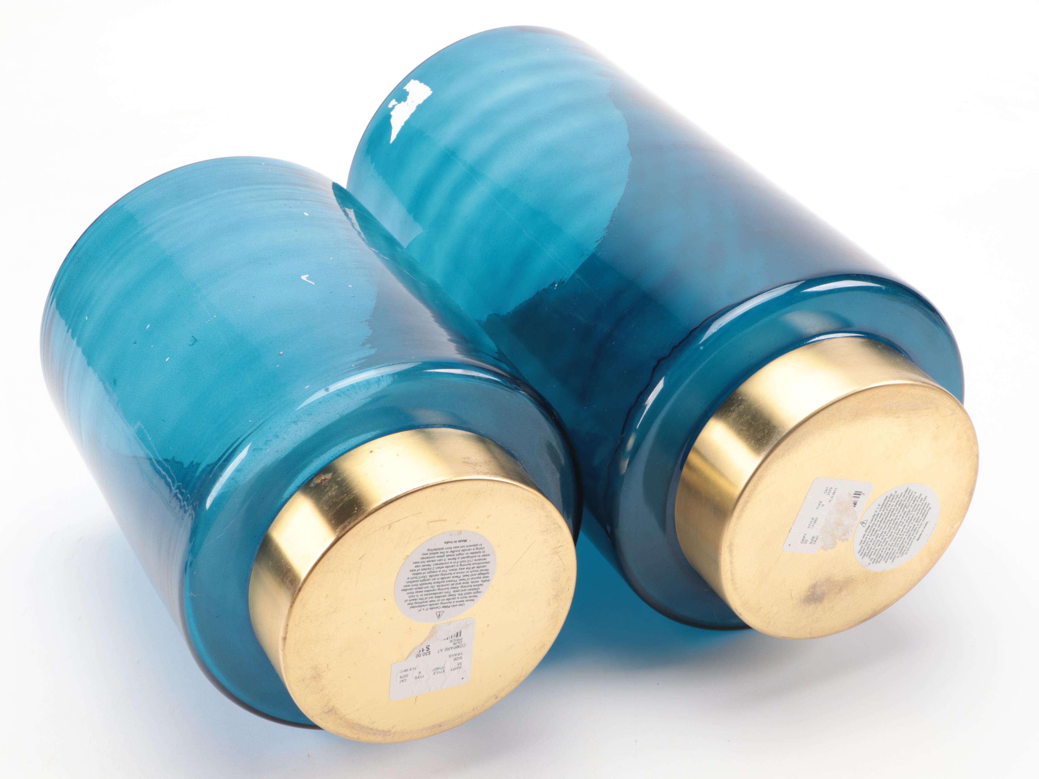 Metallic Base Blue Glass Pillar Candle Holders with Gold Finish Yoga Figures