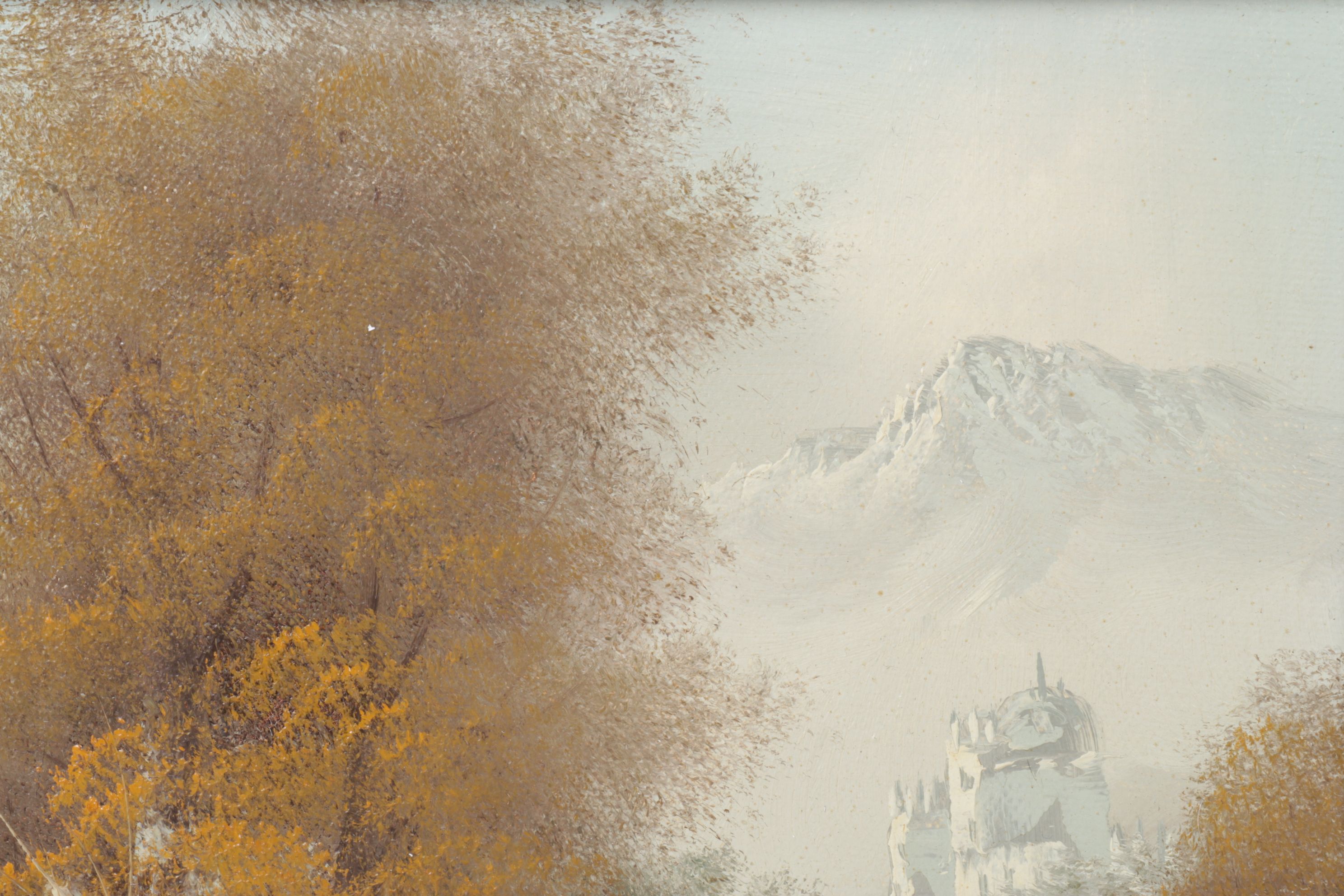 Almon Impressionist Riverbank Landscape Oil Painting  Featuring Distant Castle