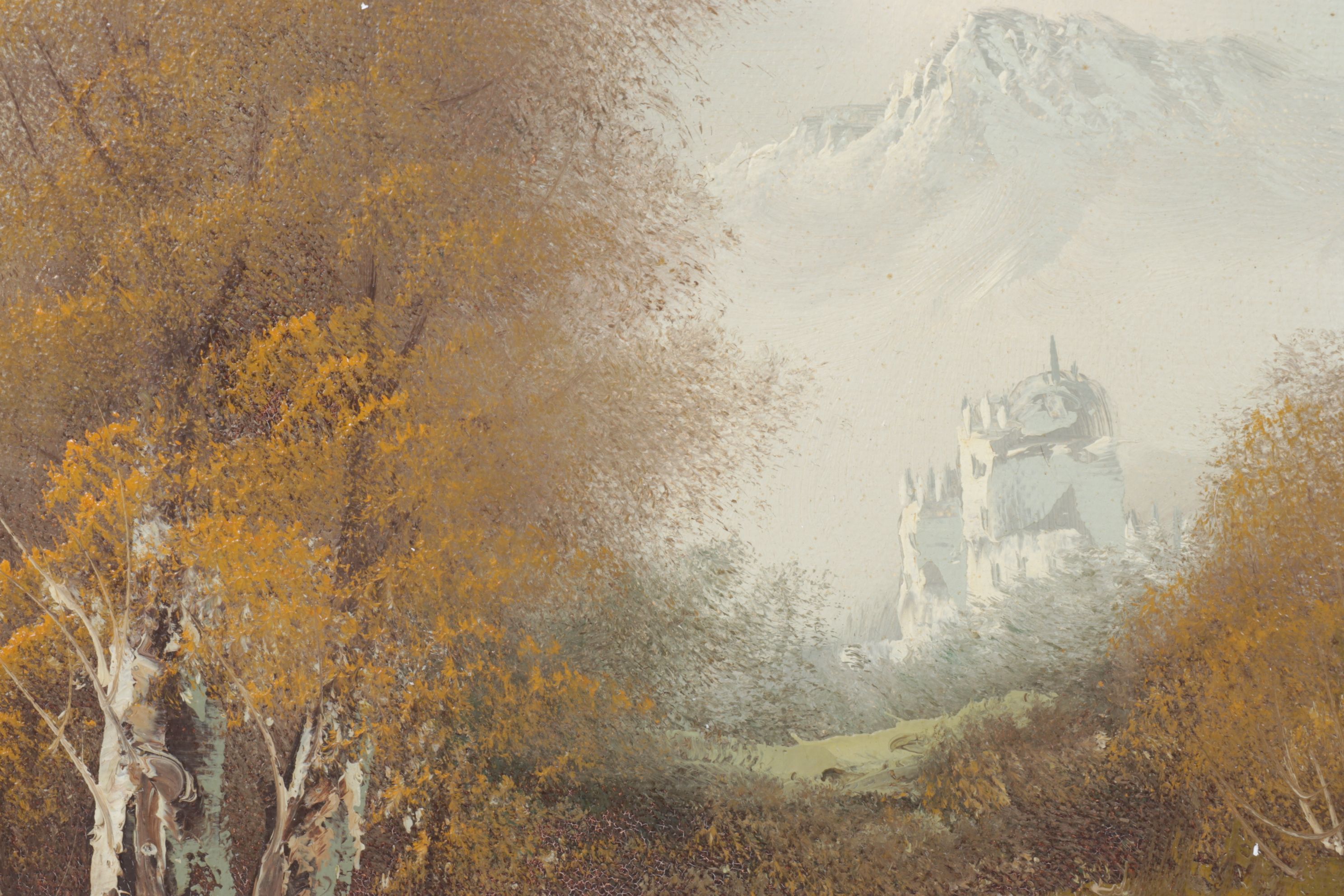 Almon Impressionist Riverbank Landscape Oil Painting  Featuring Distant Castle