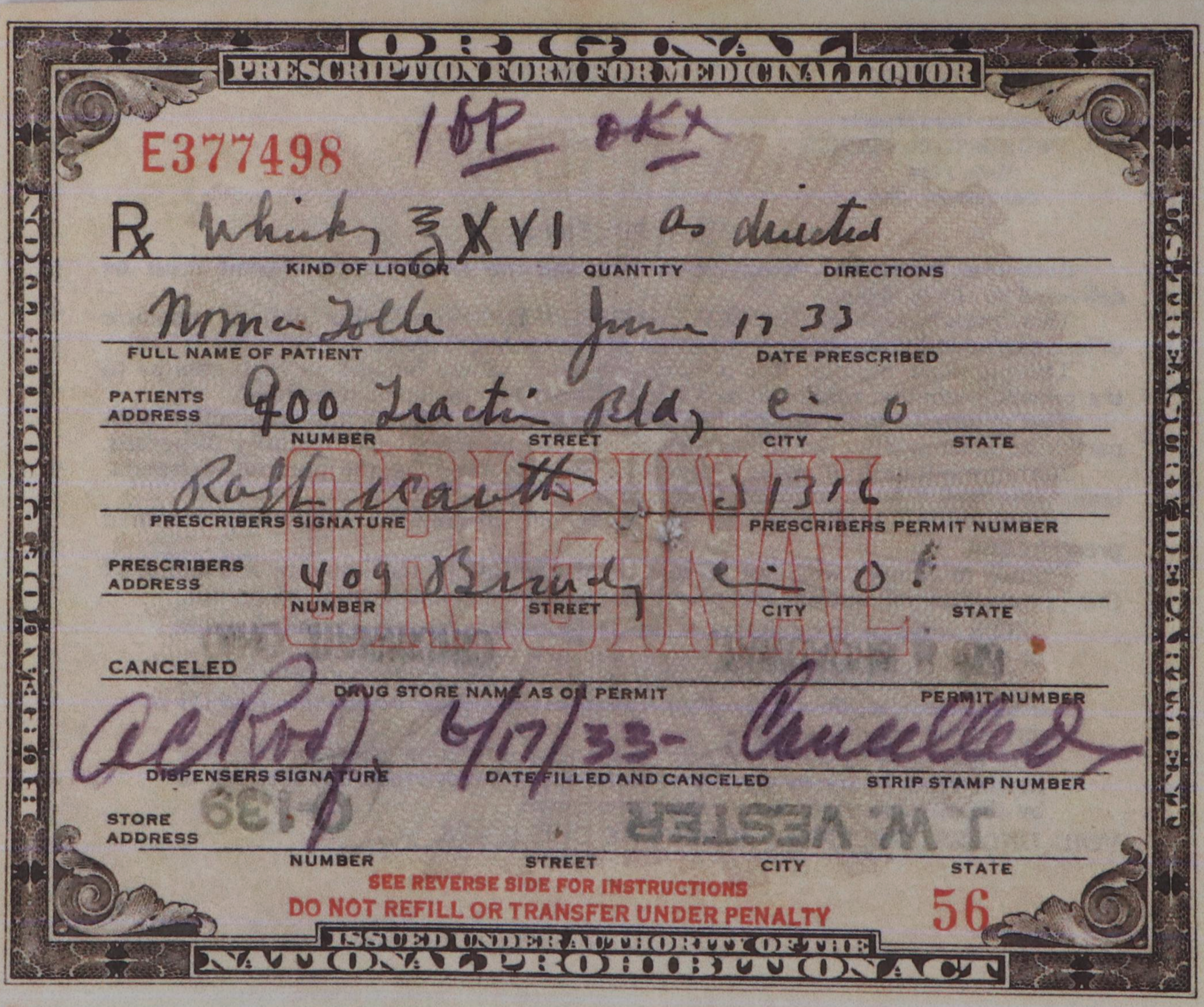 Prohibition Style Whisky Prescription Form with Reproduction Sign
