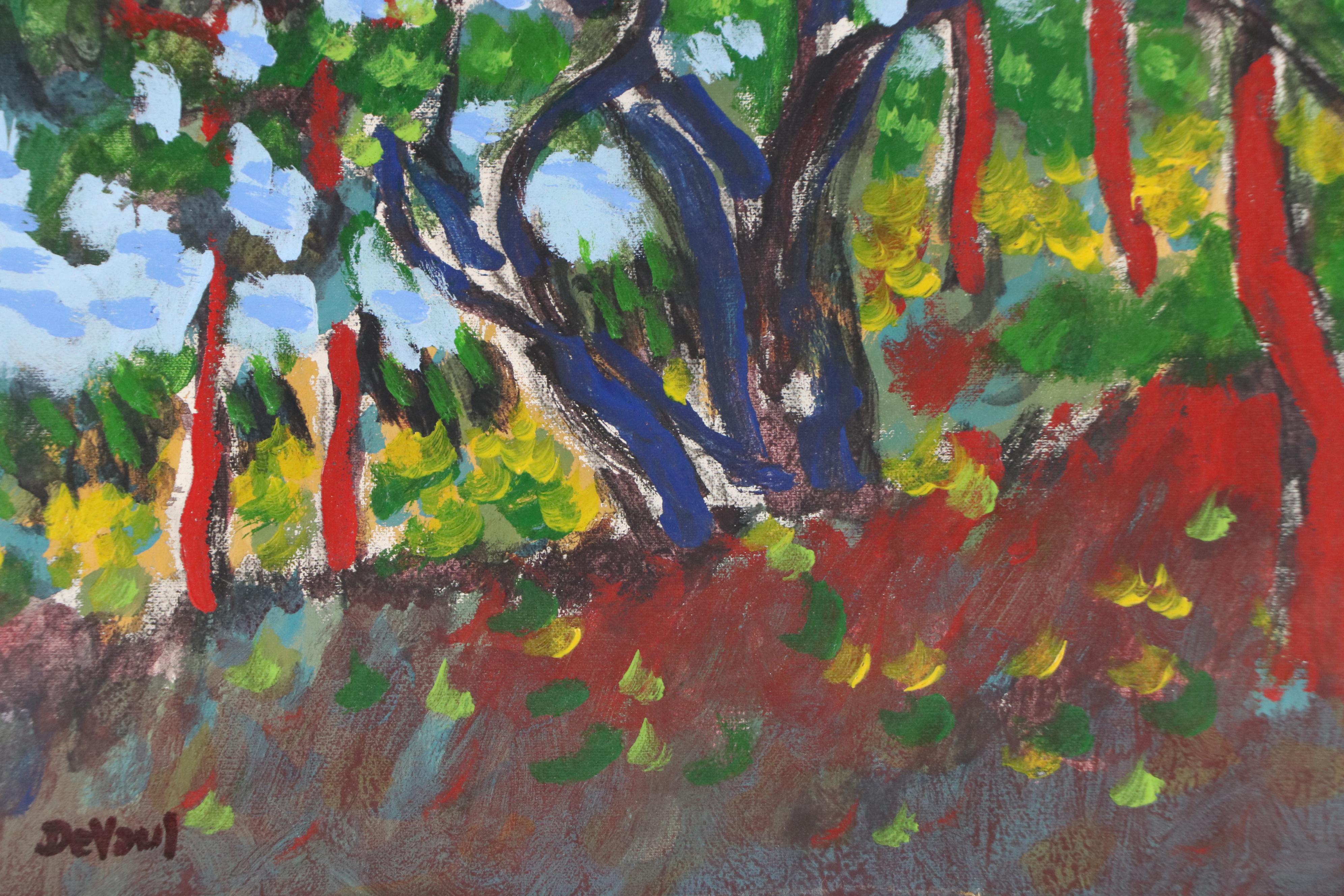 DeVaul Stylized Forest Landscape Oil Painting, Late 20th Century