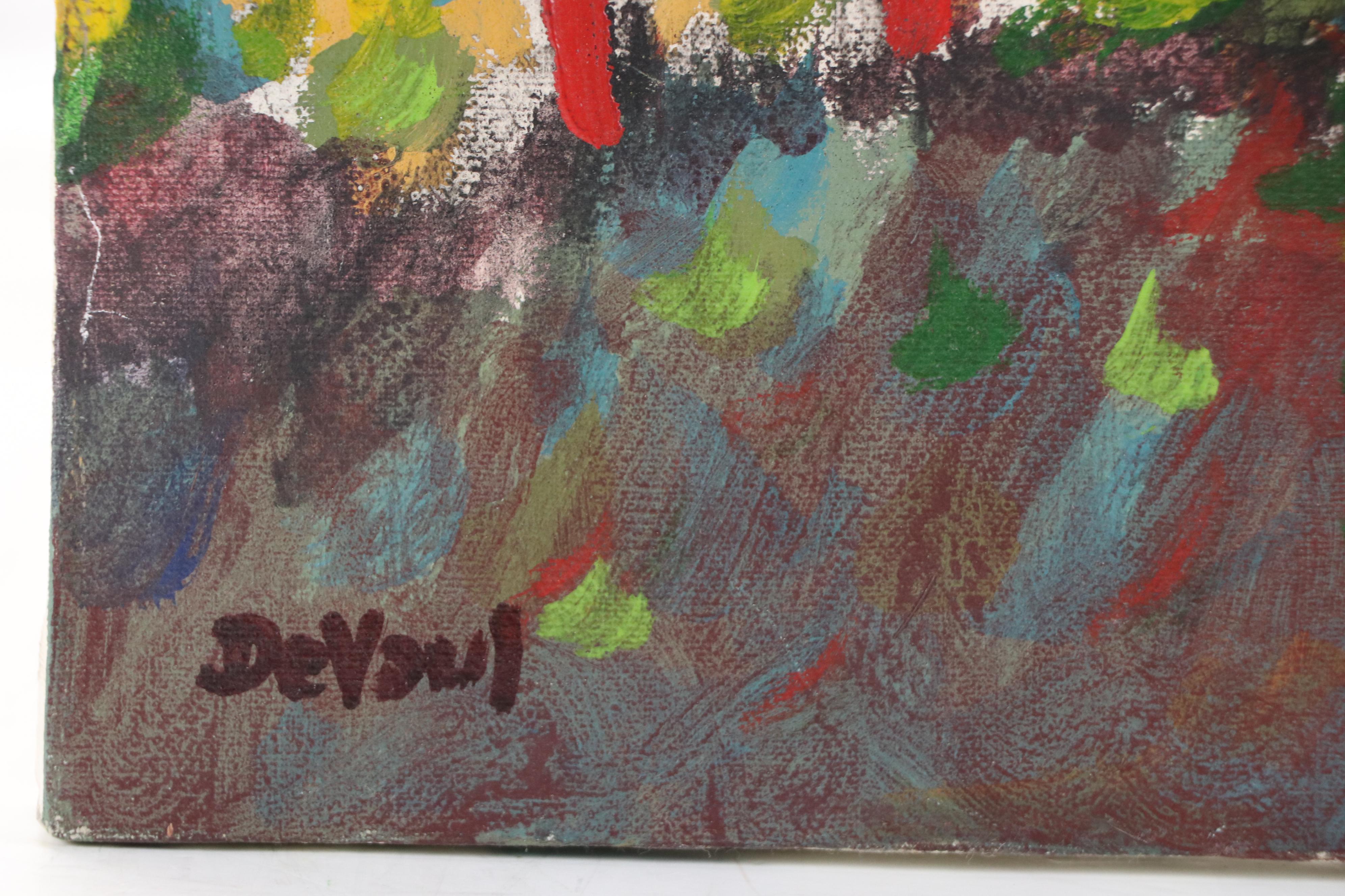 DeVaul Stylized Forest Landscape Oil Painting, Late 20th Century