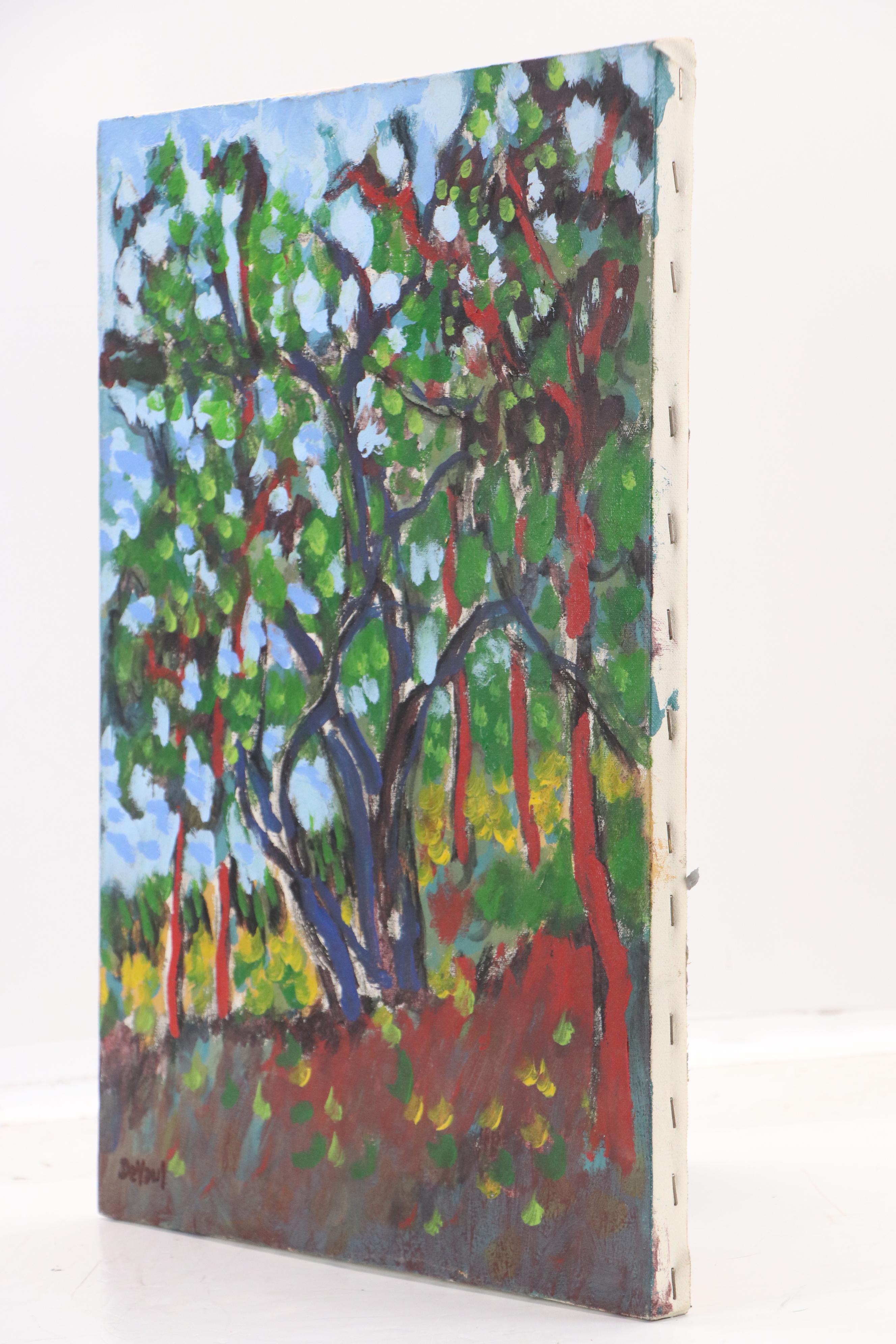 DeVaul Stylized Forest Landscape Oil Painting, Late 20th Century