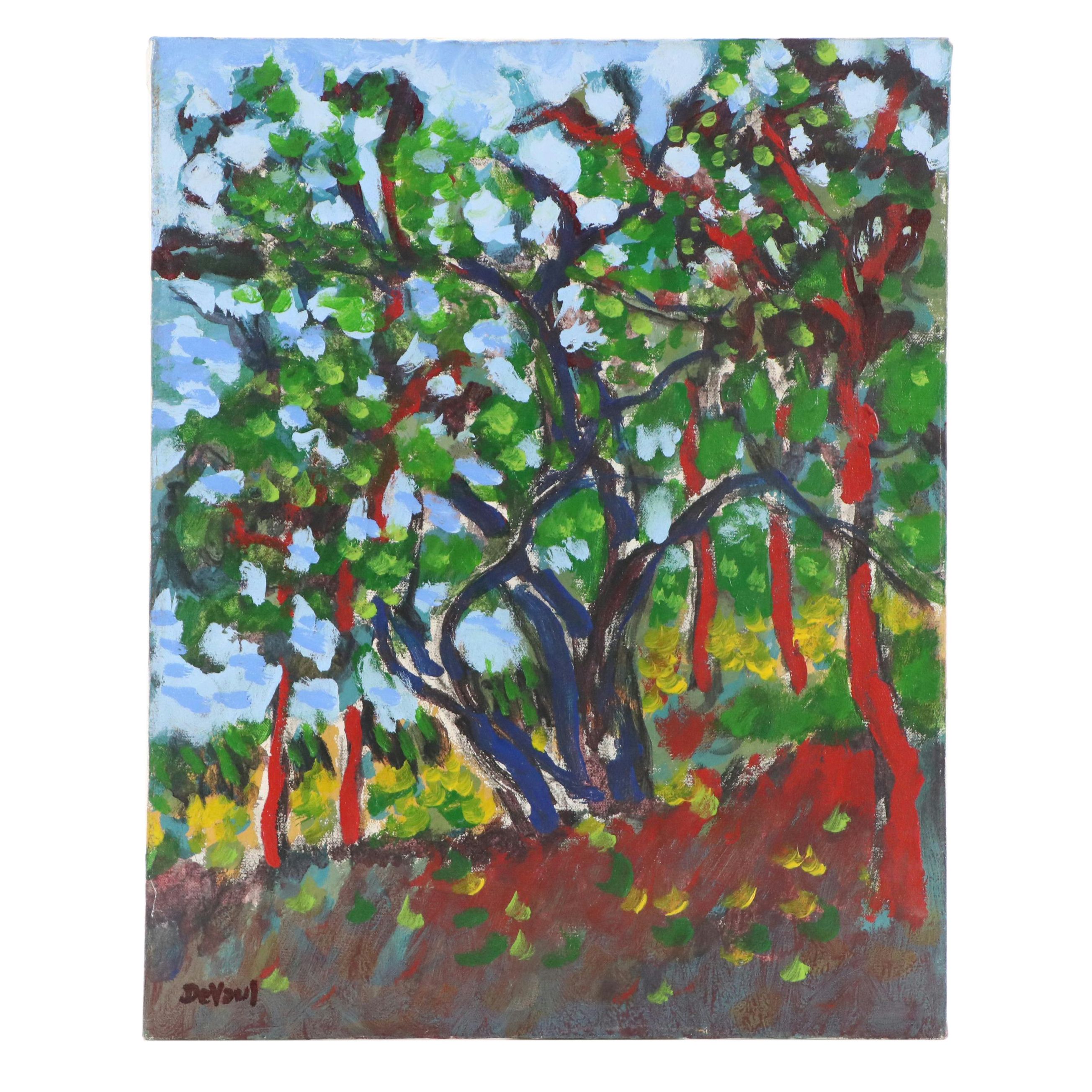 DeVaul Stylized Forest Landscape Oil Painting, Late 20th Century