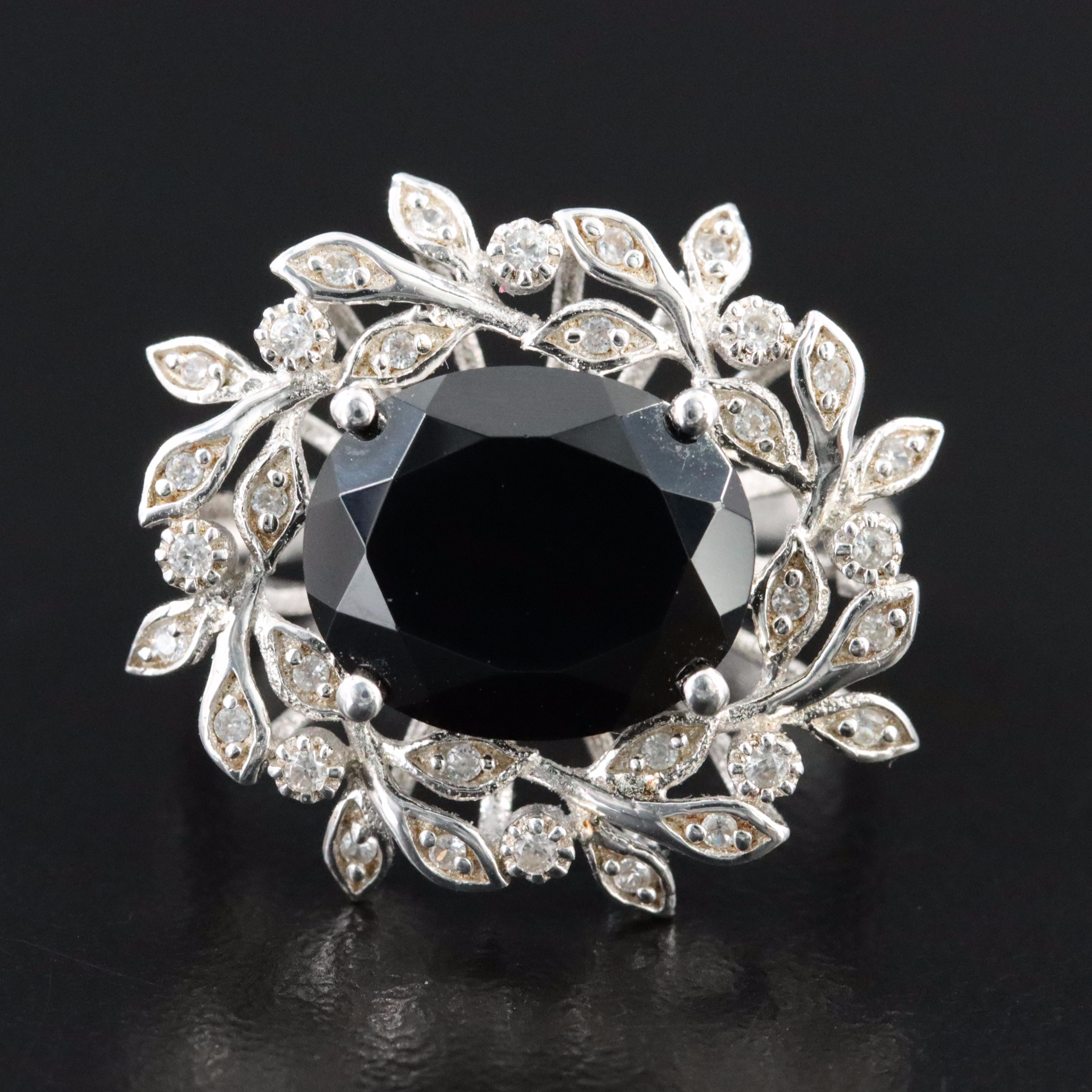 Sterling Black Spinel and White Zircon Ivy Ring