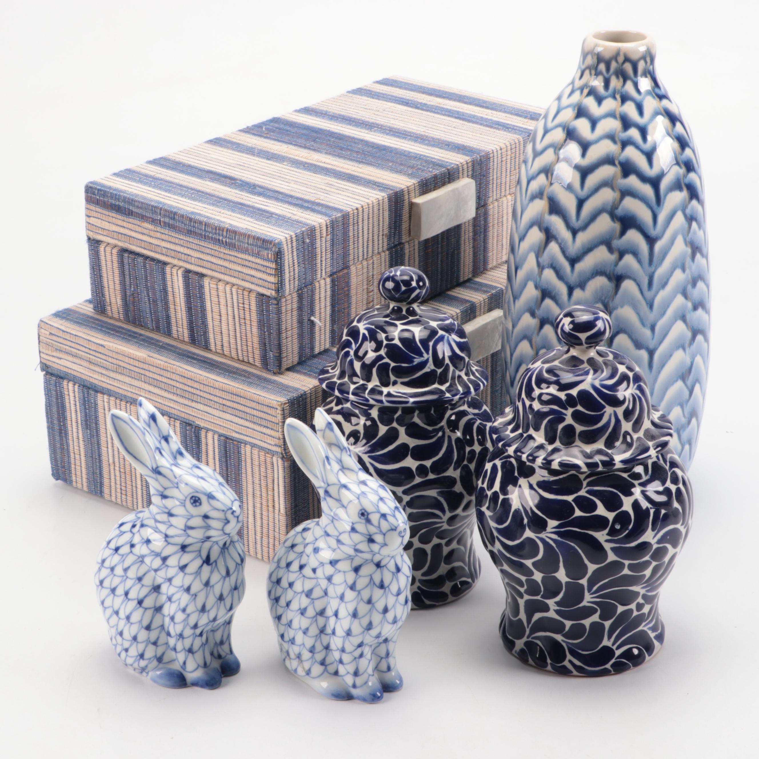 Andrea by Sadek Fishnet Porcelain Bunnies with More Blue and White Home Décor