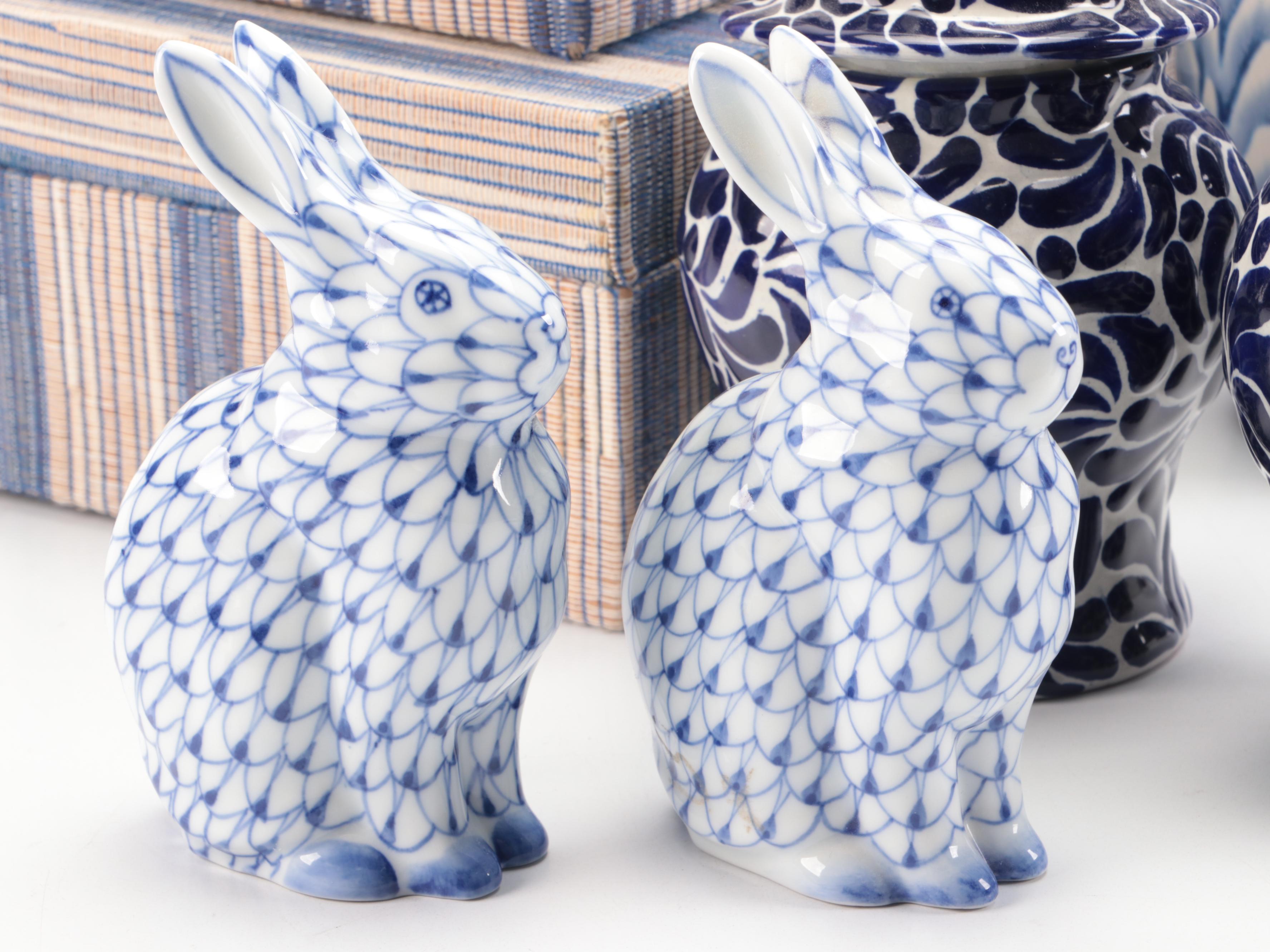 Andrea by Sadek Fishnet Porcelain Bunnies with More Blue and White Home Décor