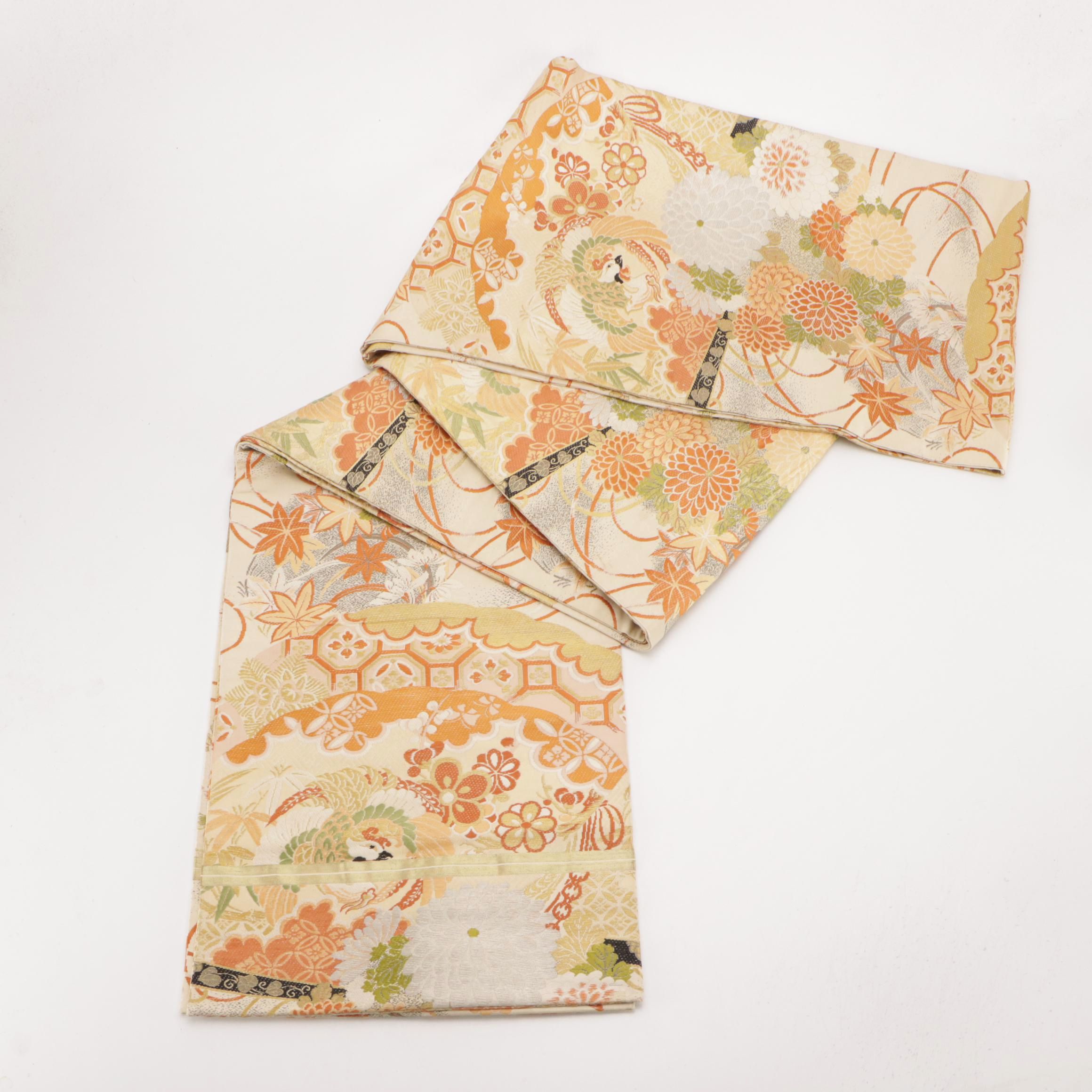 Japanese Maru Obi in Floral, Maple Leaf and Other Embroidered Silk