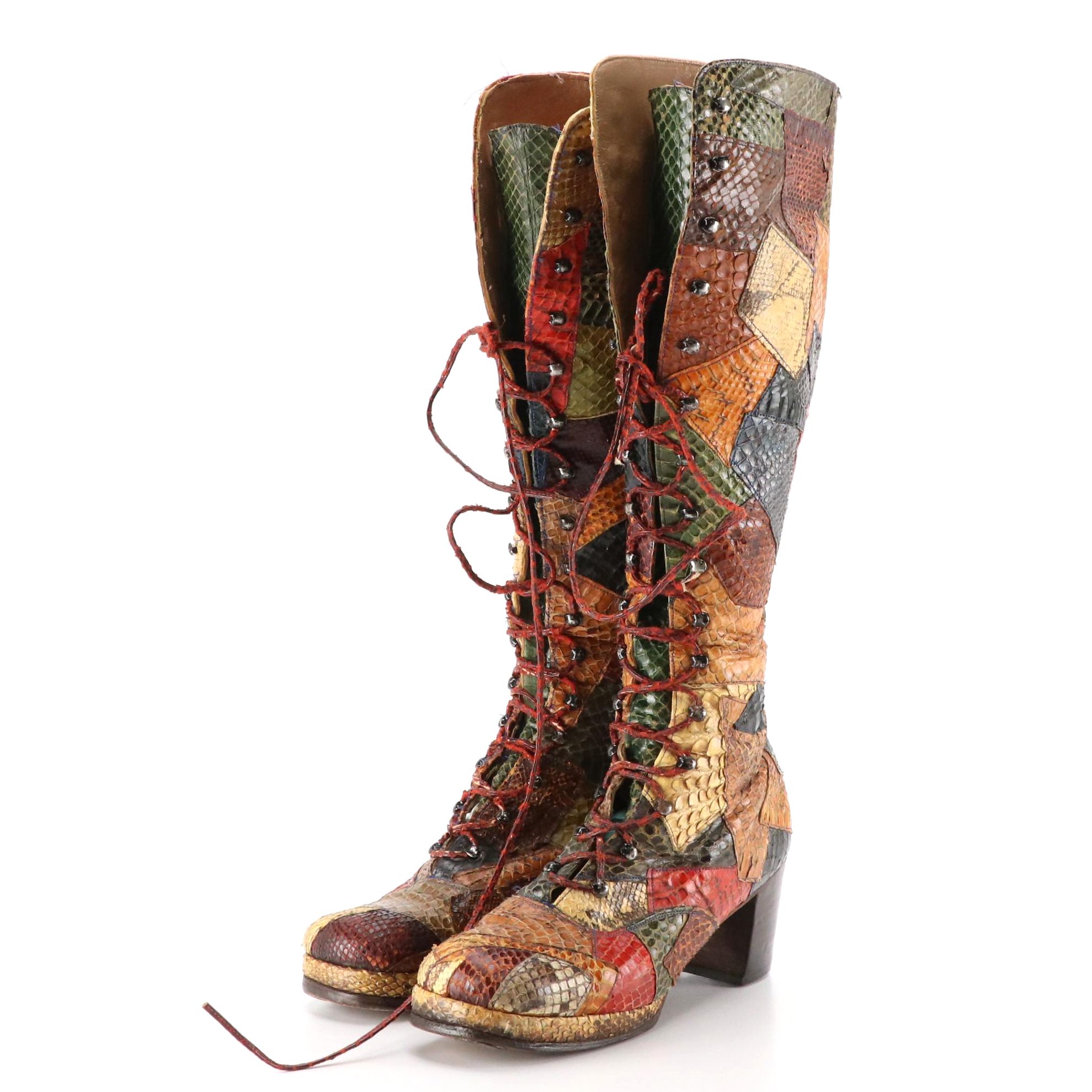 Patchwork Python and Snakeskin Leather Lace-Up Platform Knee-High Boots