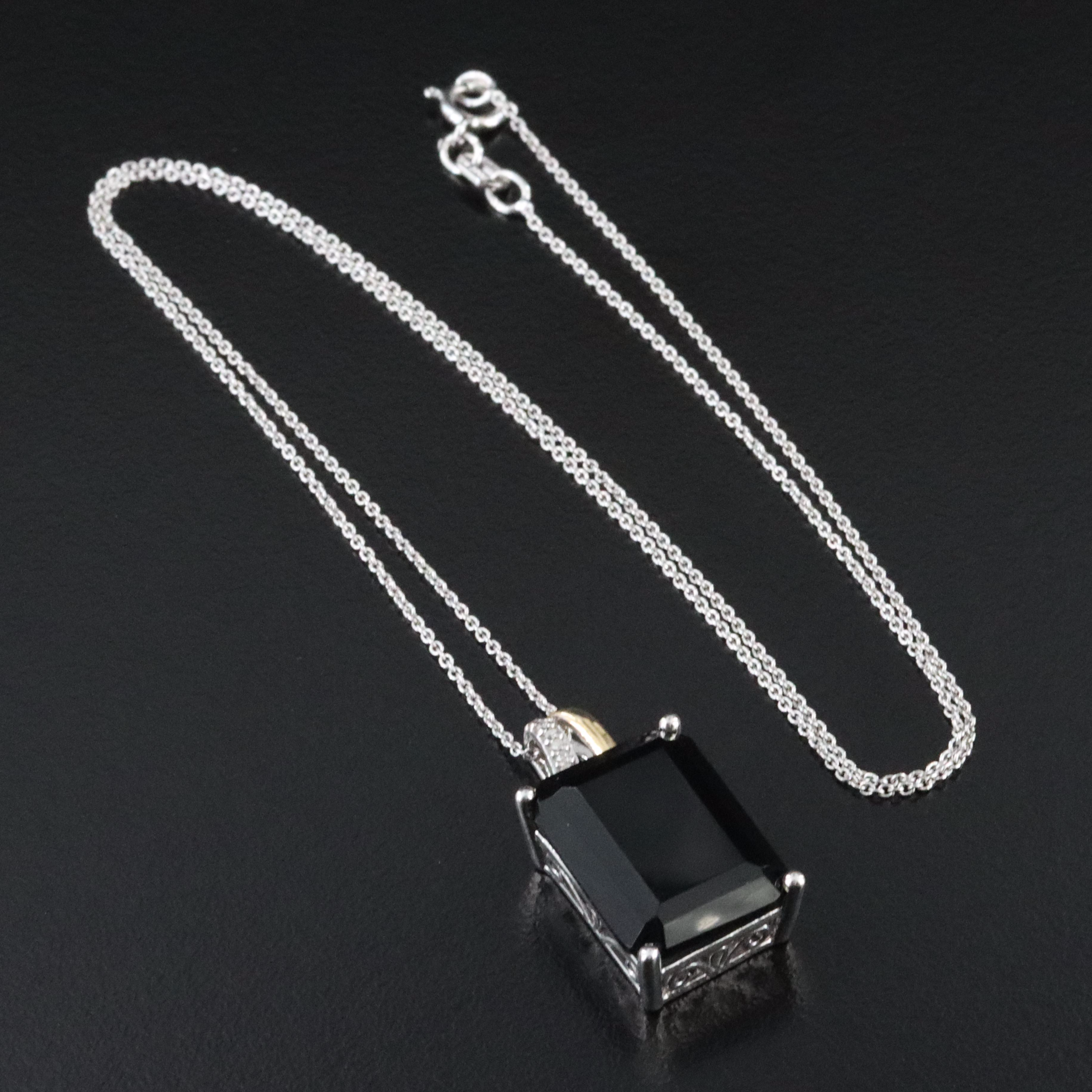 Sterling Black Onyx and Diamond Pendant with 14K Accent Necklace