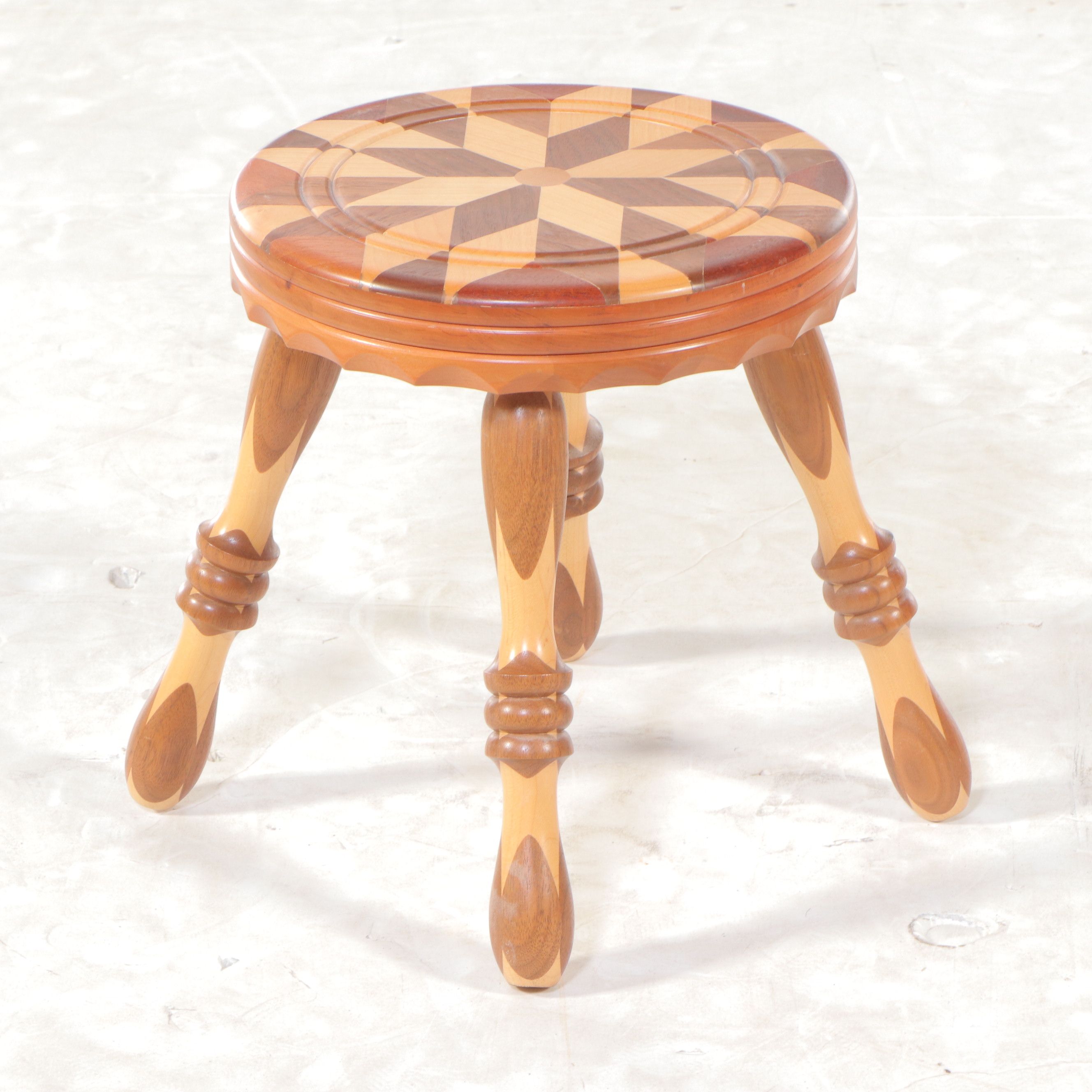 Artist Signed Wooden Marquetry Inlaid Footstool Pair