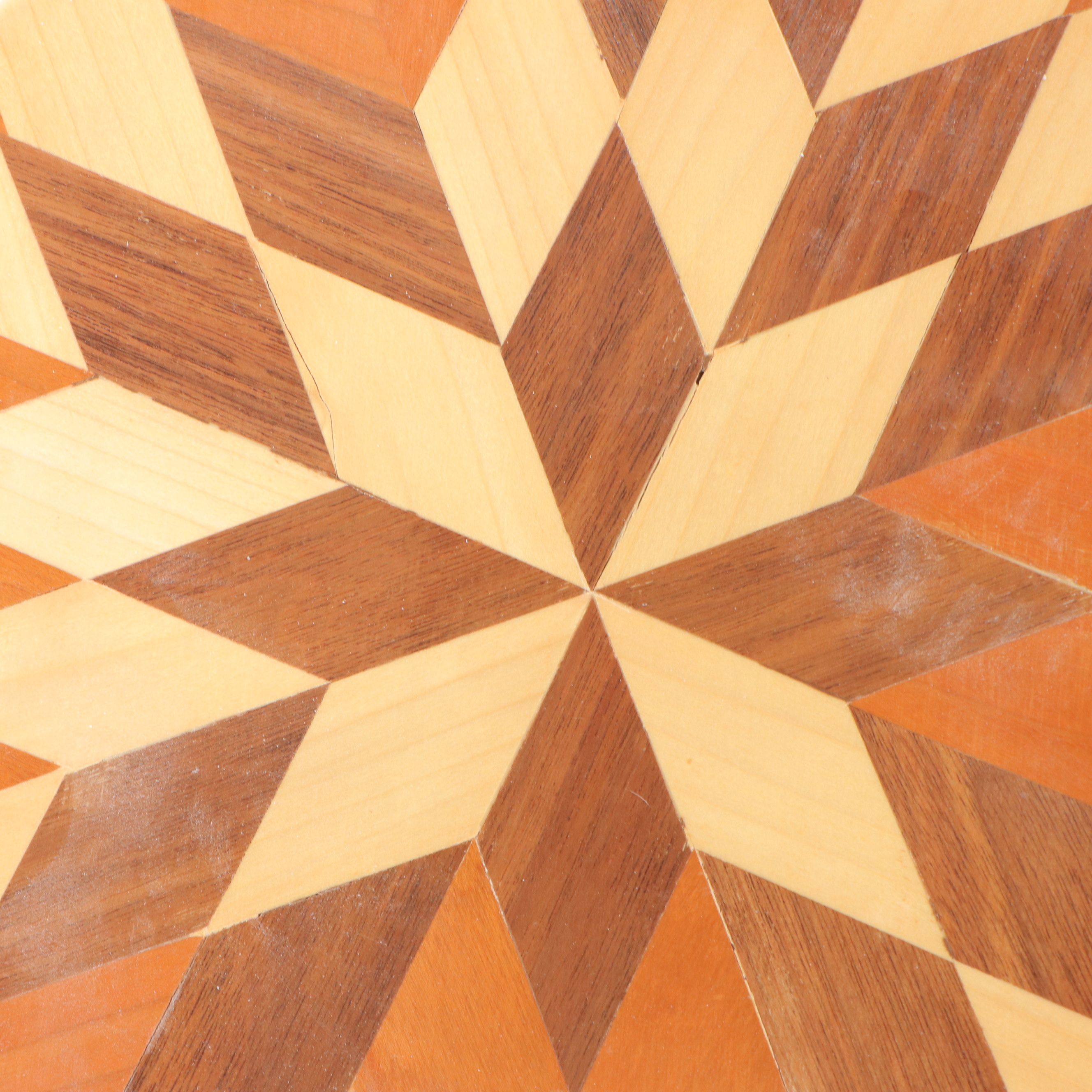 Artist Signed Wooden Marquetry Inlaid Footstool Pair