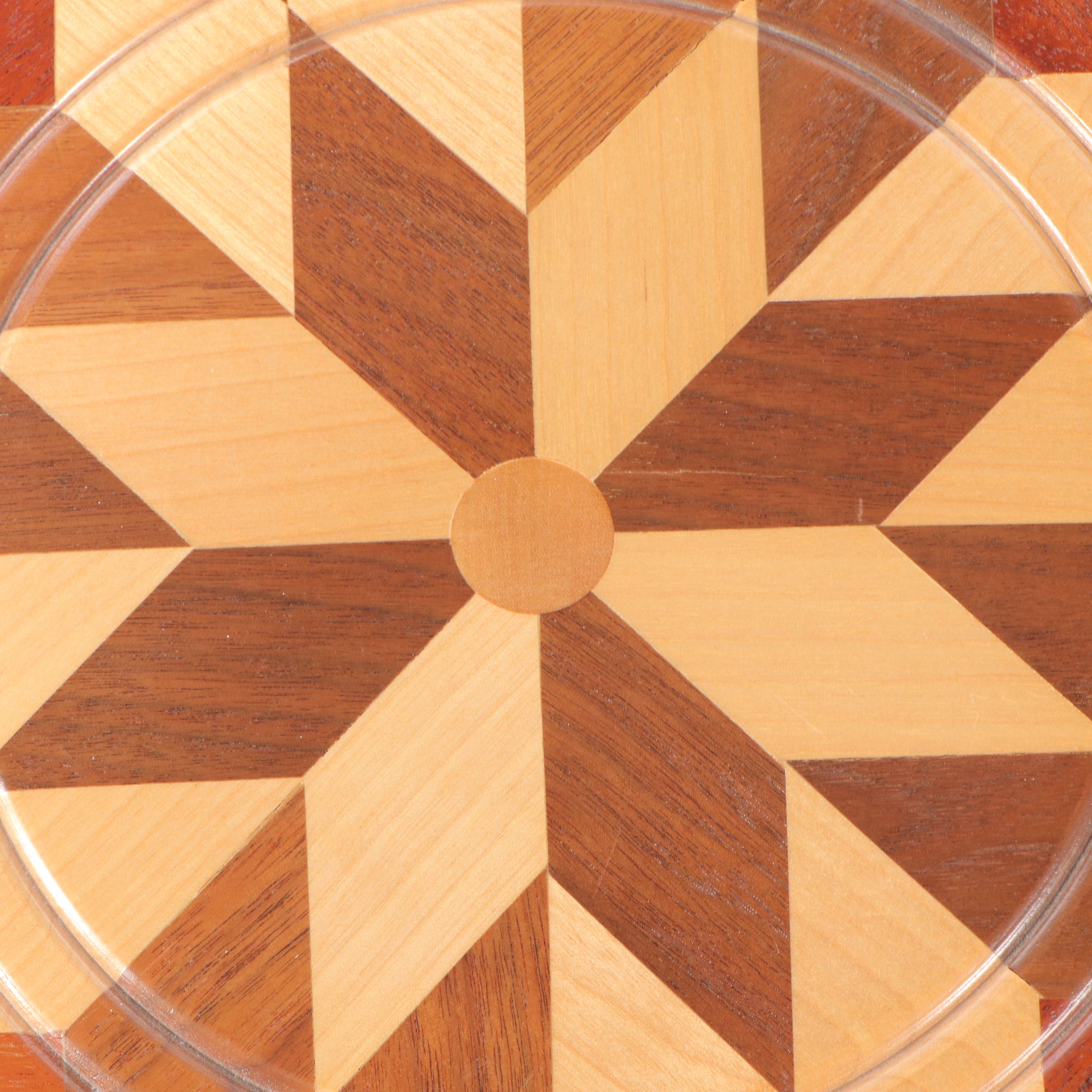 Artist Signed Wooden Marquetry Inlaid Footstool Pair