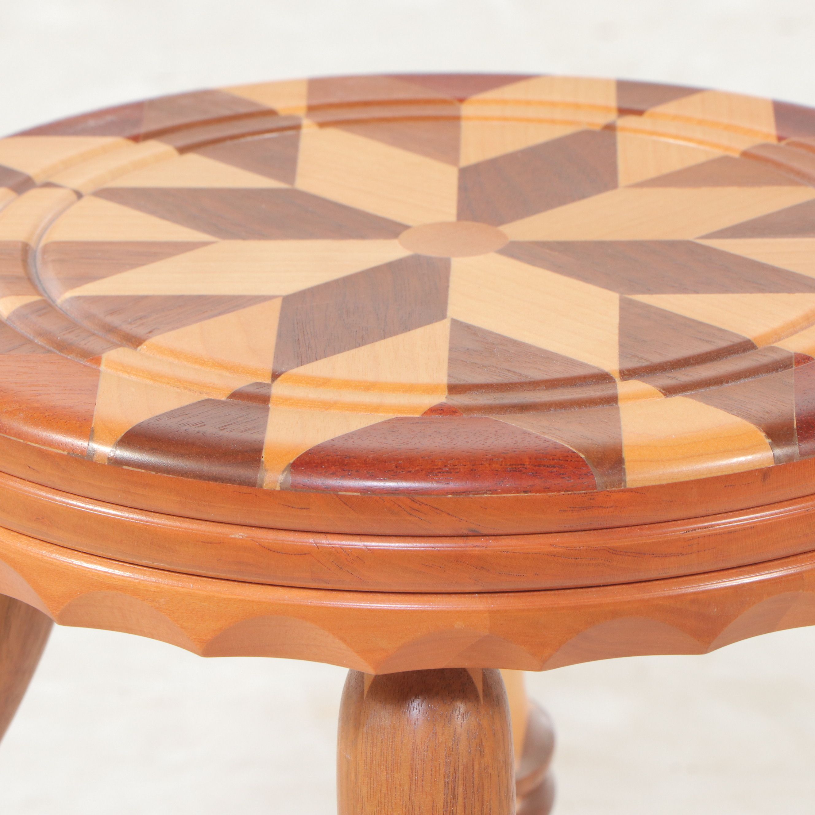 Artist Signed Wooden Marquetry Inlaid Footstool Pair