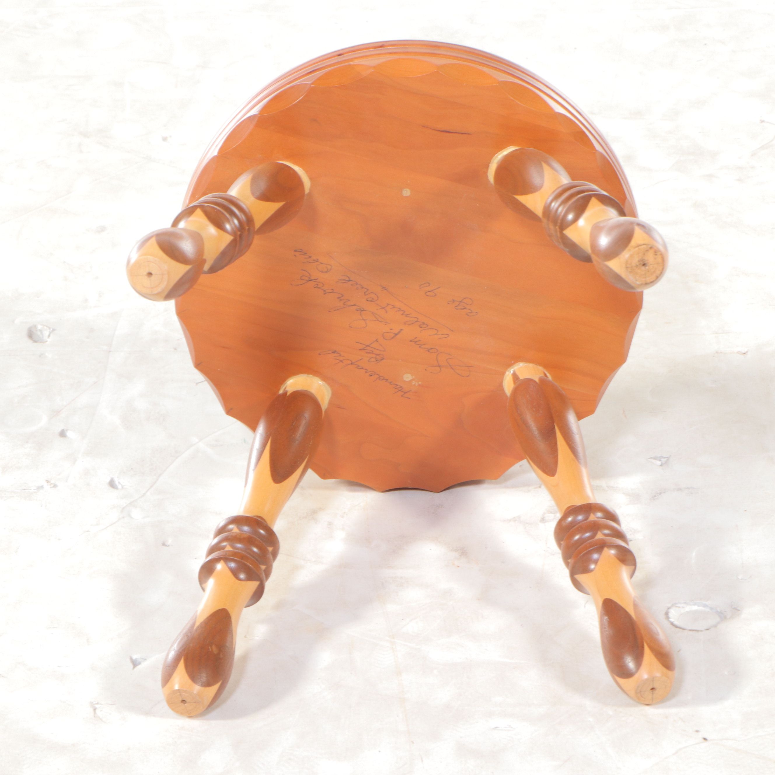 Artist Signed Wooden Marquetry Inlaid Footstool Pair