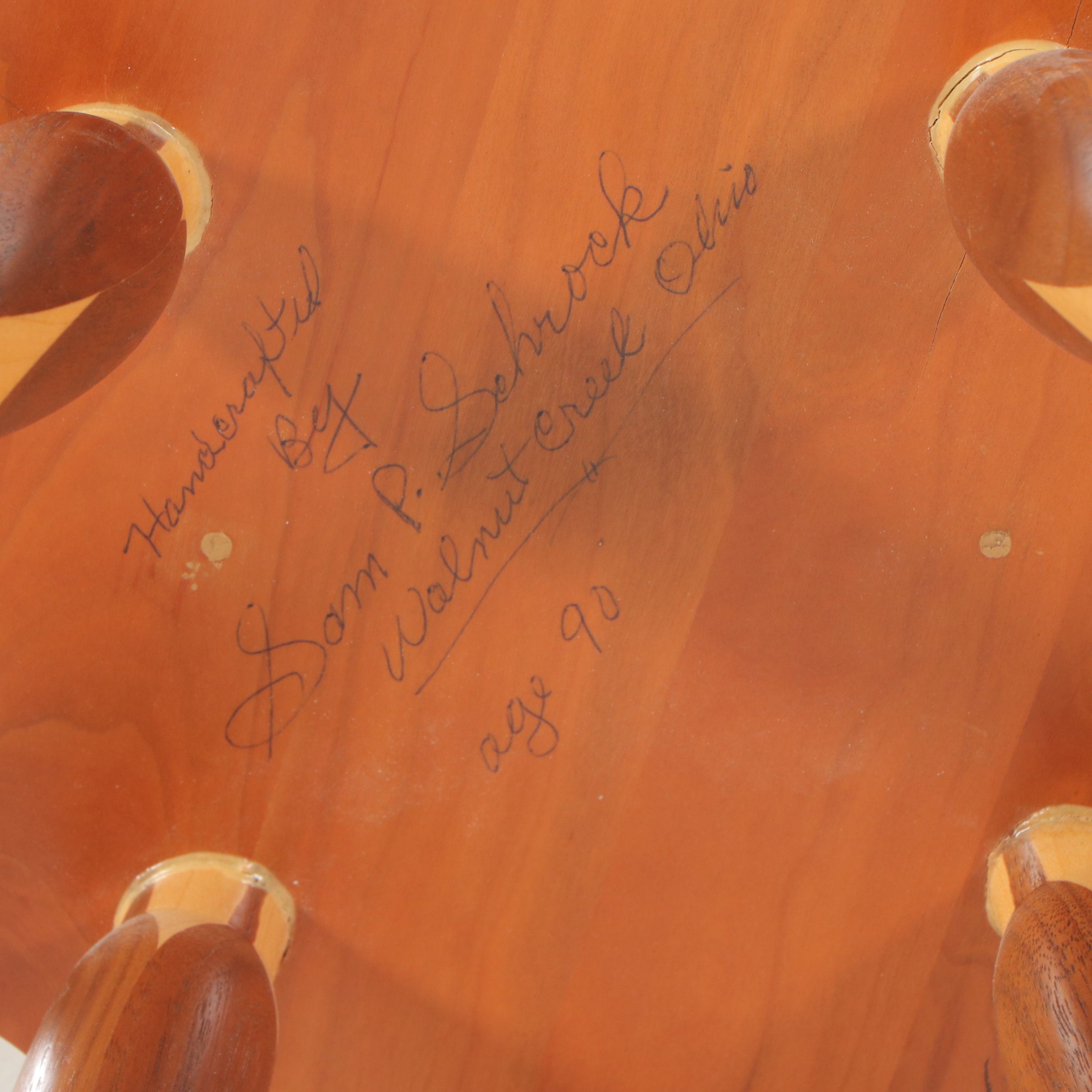 Artist Signed Wooden Marquetry Inlaid Footstool Pair