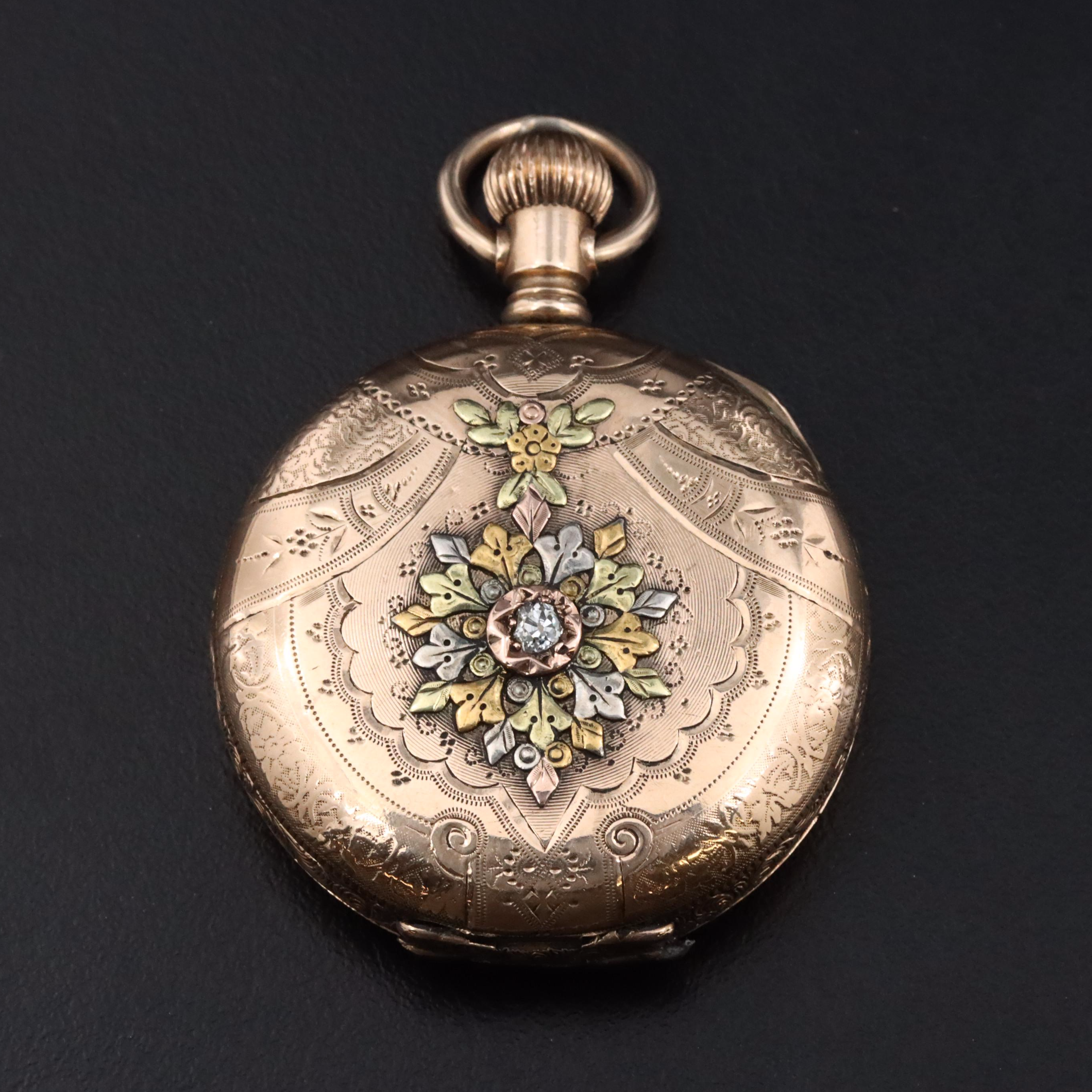 Elgin Tri Color Gold Filled Pocket Watch with Diamond Accent