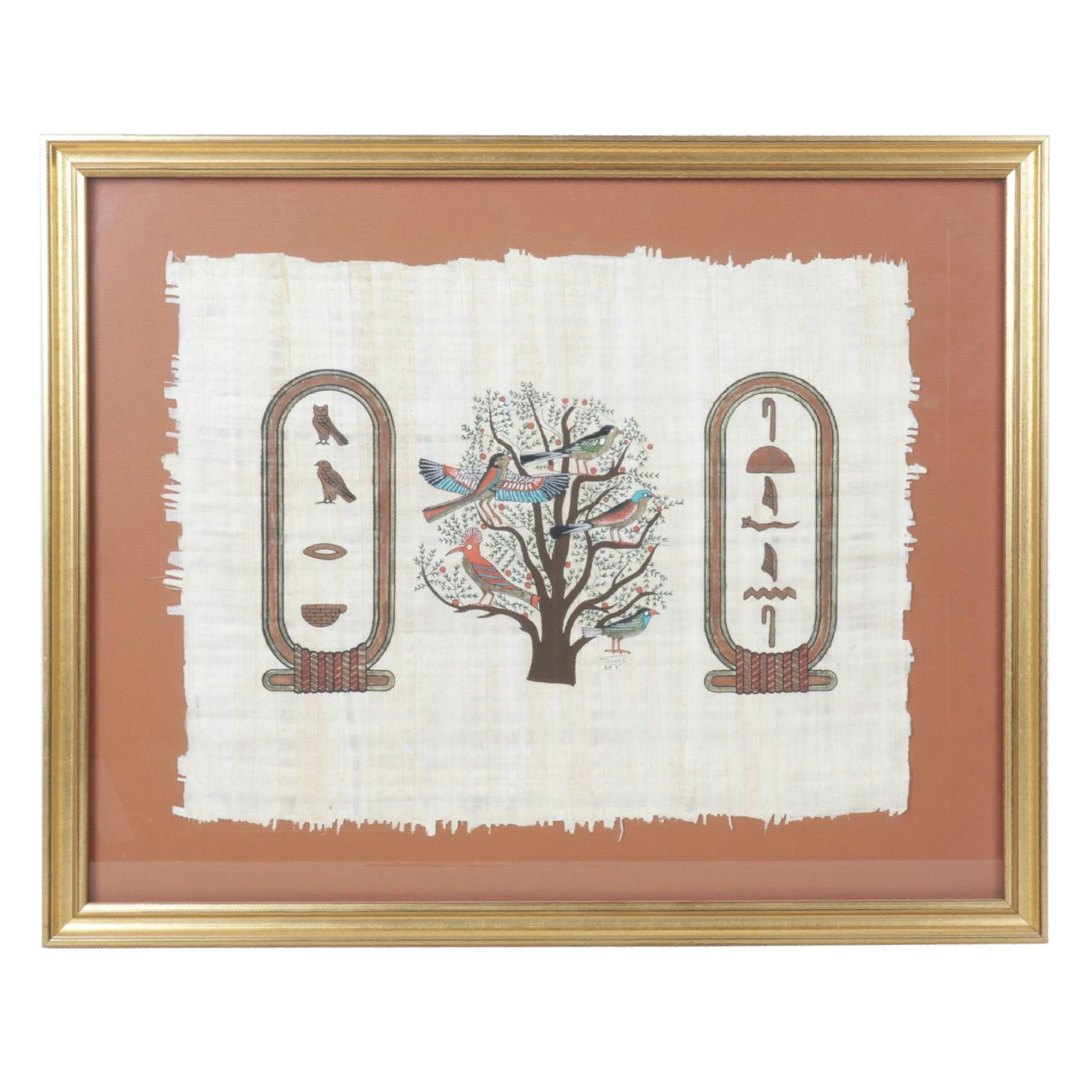 Egyptian Styled Souvenir Gouache Paintings on Papyrus Depicting The Tree of Life