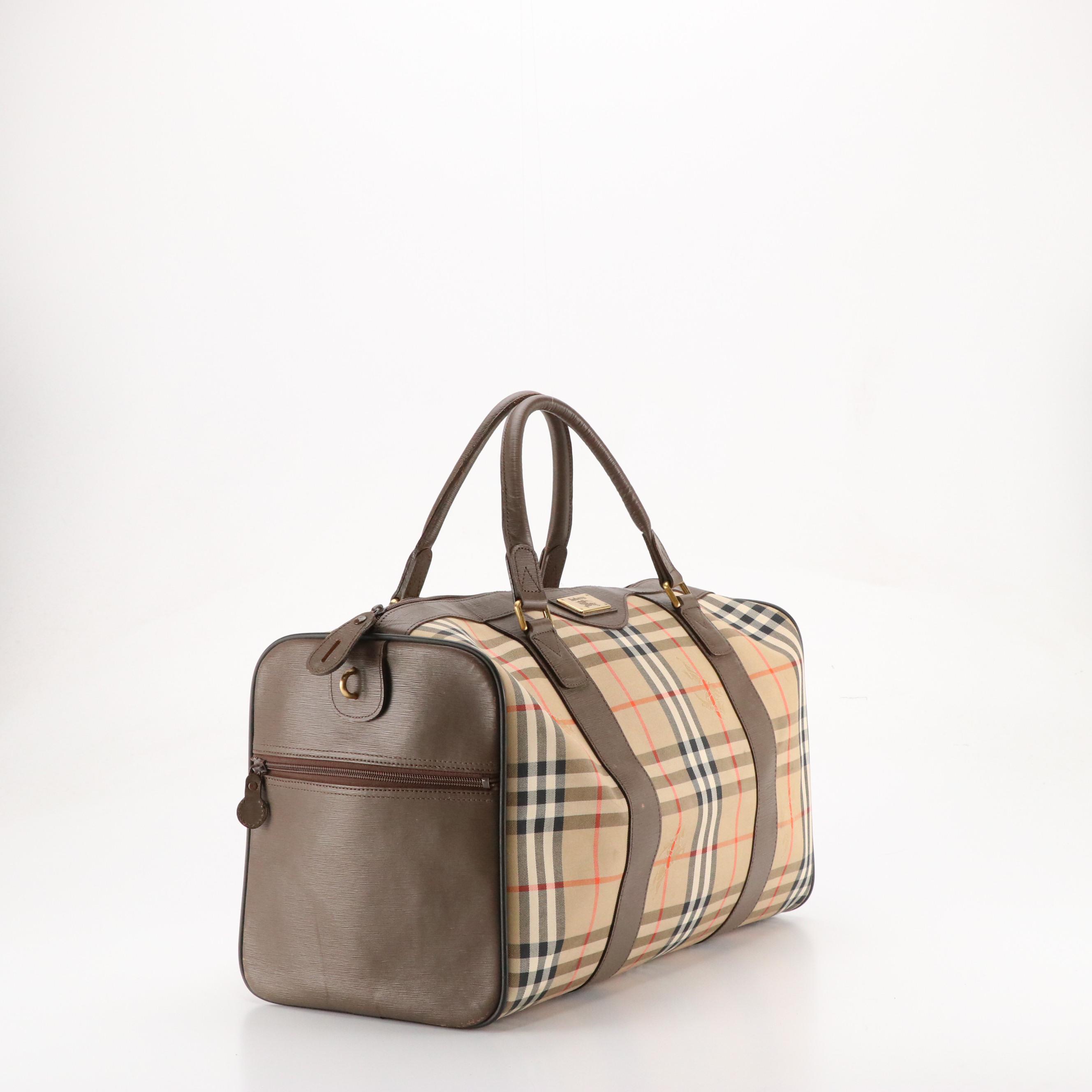 Burberrys Haymarket Check and Textured Leather Weekender Bag