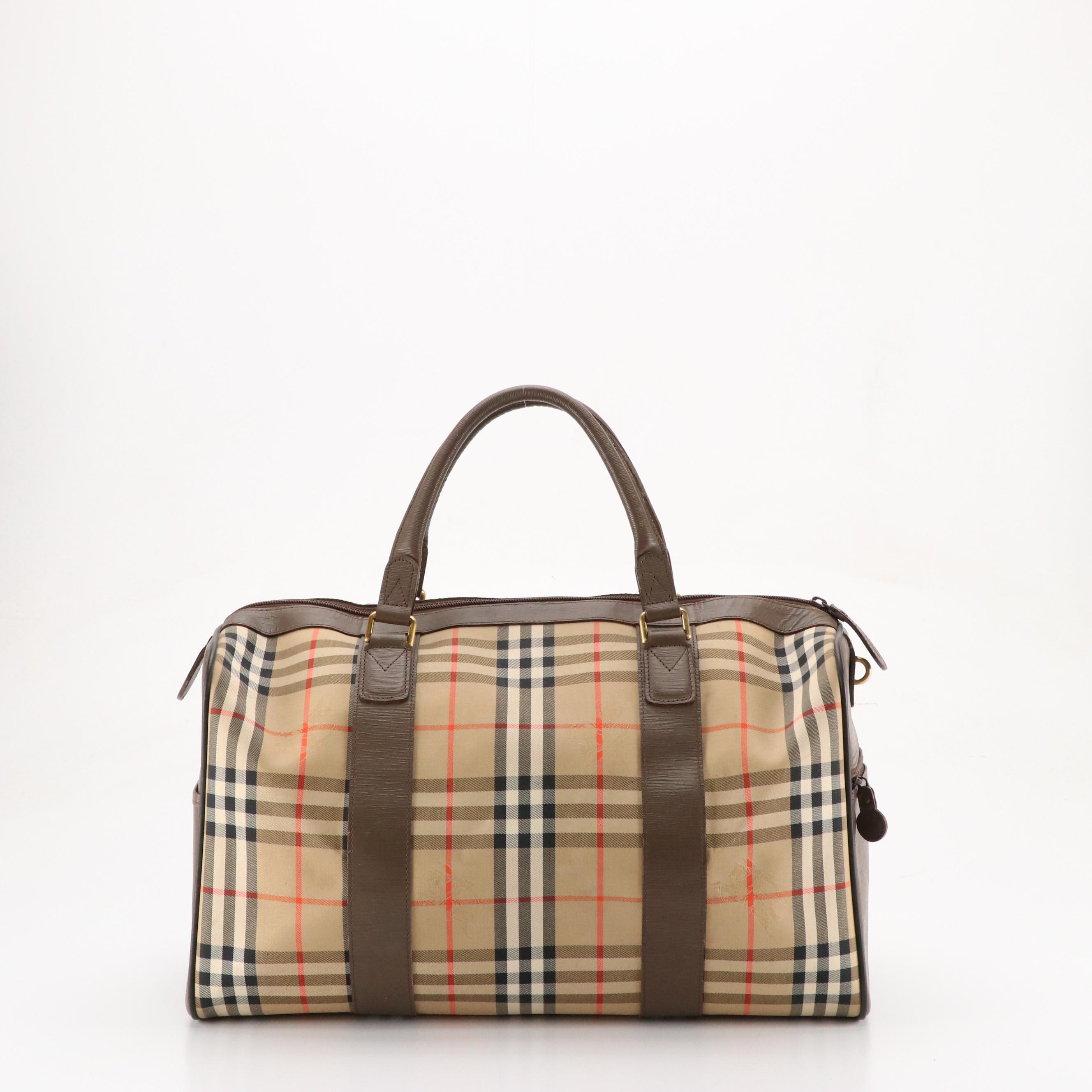Burberrys Haymarket Check and Textured Leather Weekender Bag